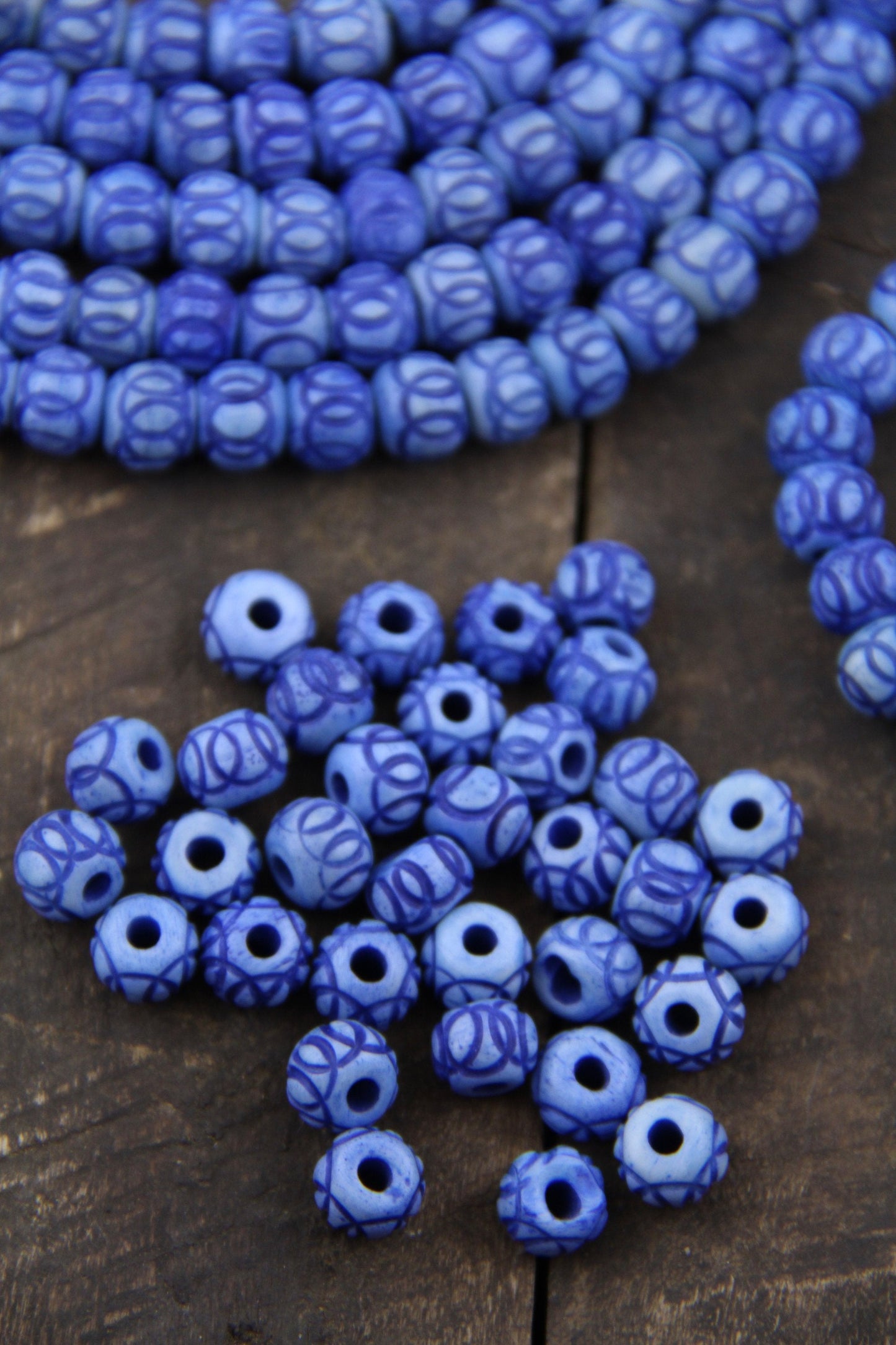 Blue Handmade Carved Rondelle Bone Beads, 8x7mm Spacer Beads