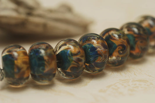 10409301 - Seven Blue & Orange Boro Rondelle Beads