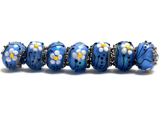 10414201 - Seven Arctic Blue Florals Rondelle Beads