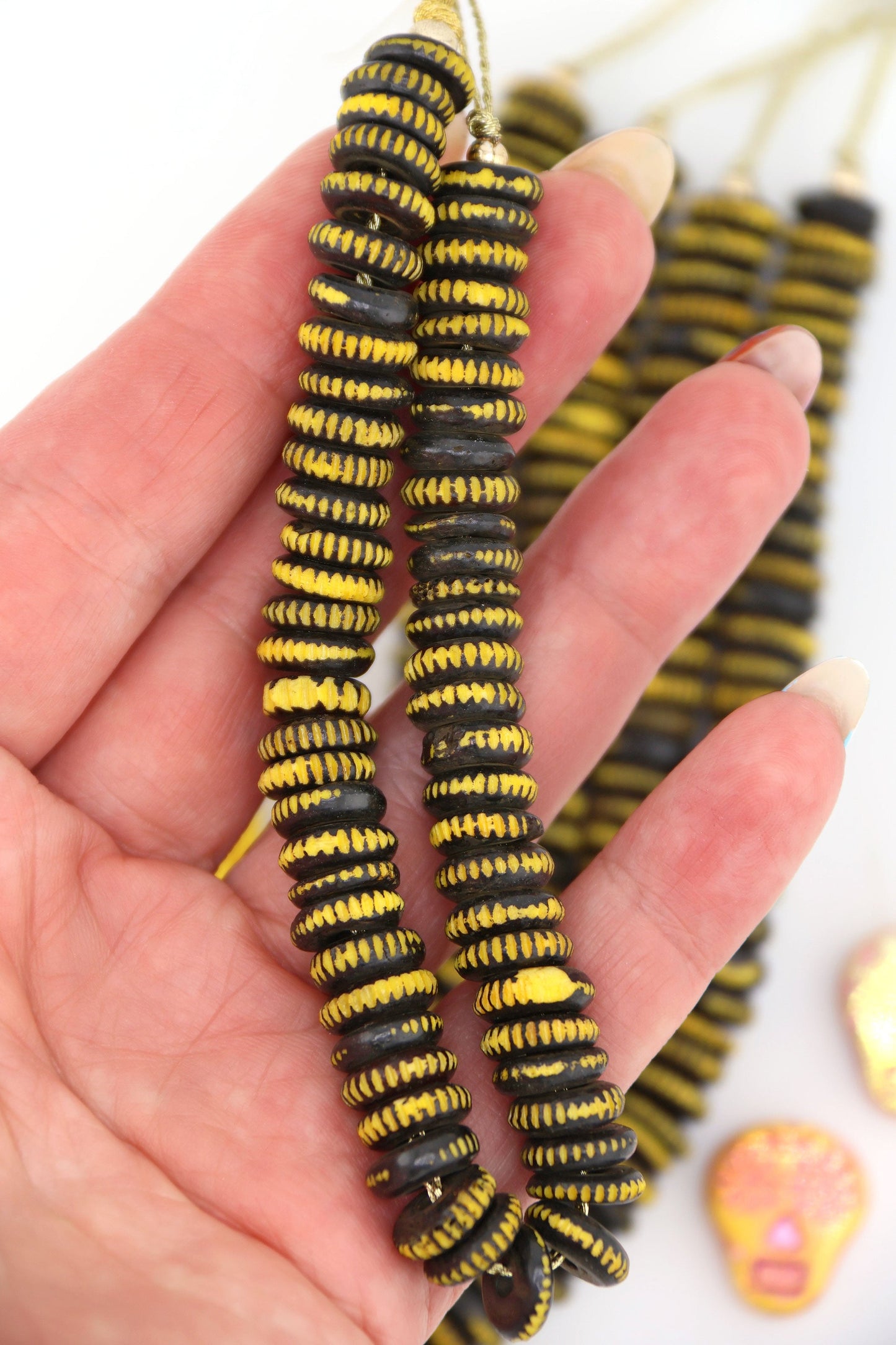 Black & Yellow Carved Rondelle Bone Beads, 10mm, for Halloween & Fall Crafts