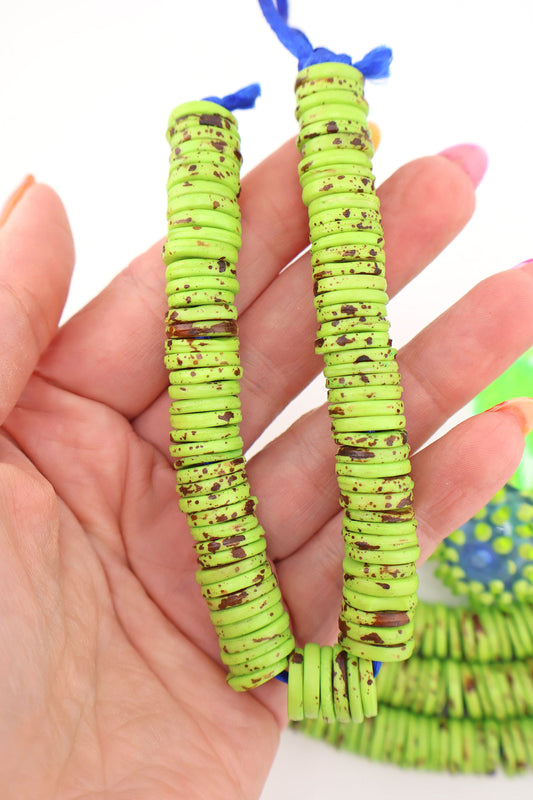 12mm Heishi Lime Green Speckled Bone Beads: Disc Spacers, 90 beads