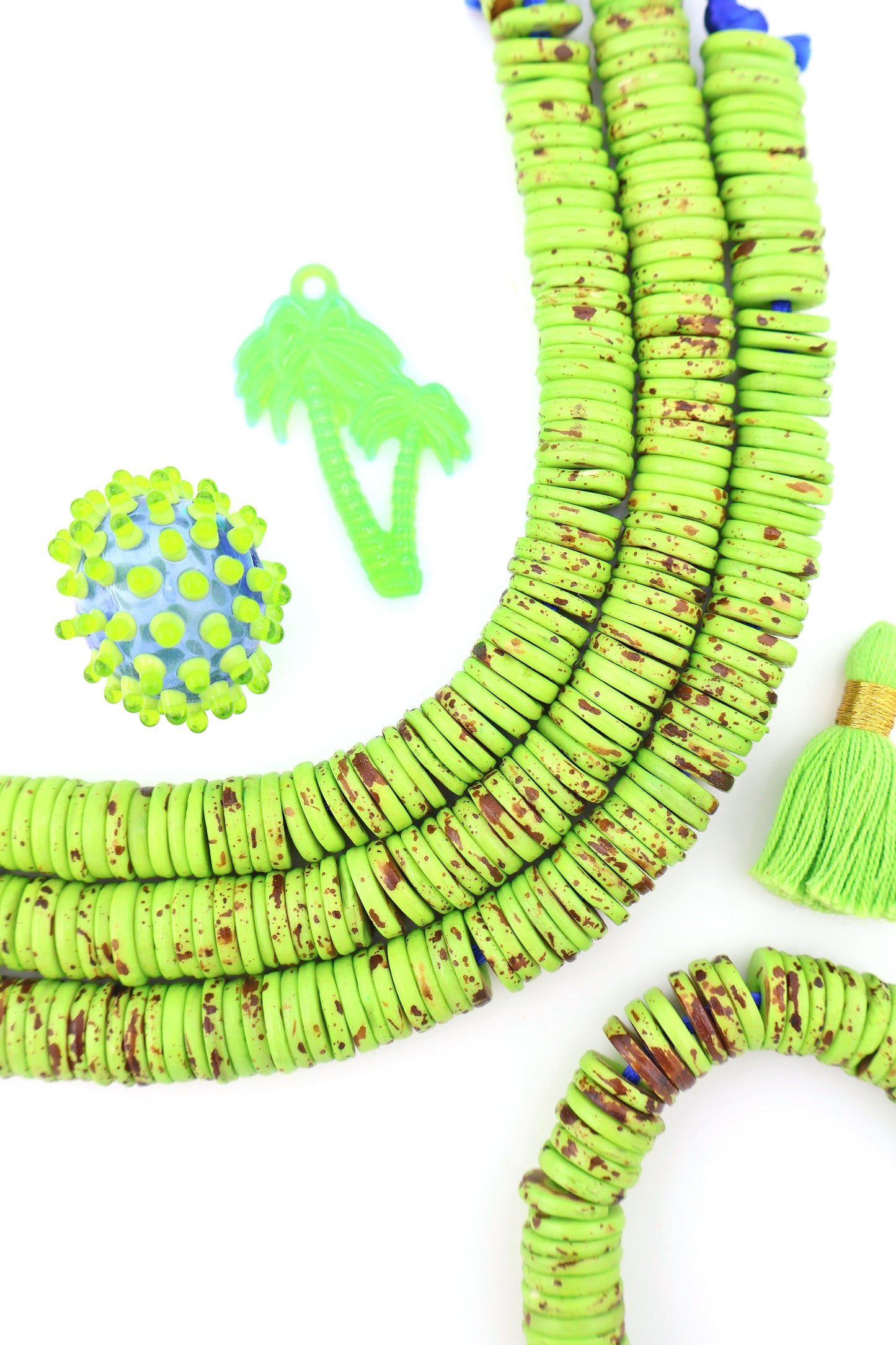 12mm Heishi Lime Green Speckled Bone Beads: Disc Spacers, 90 beads
