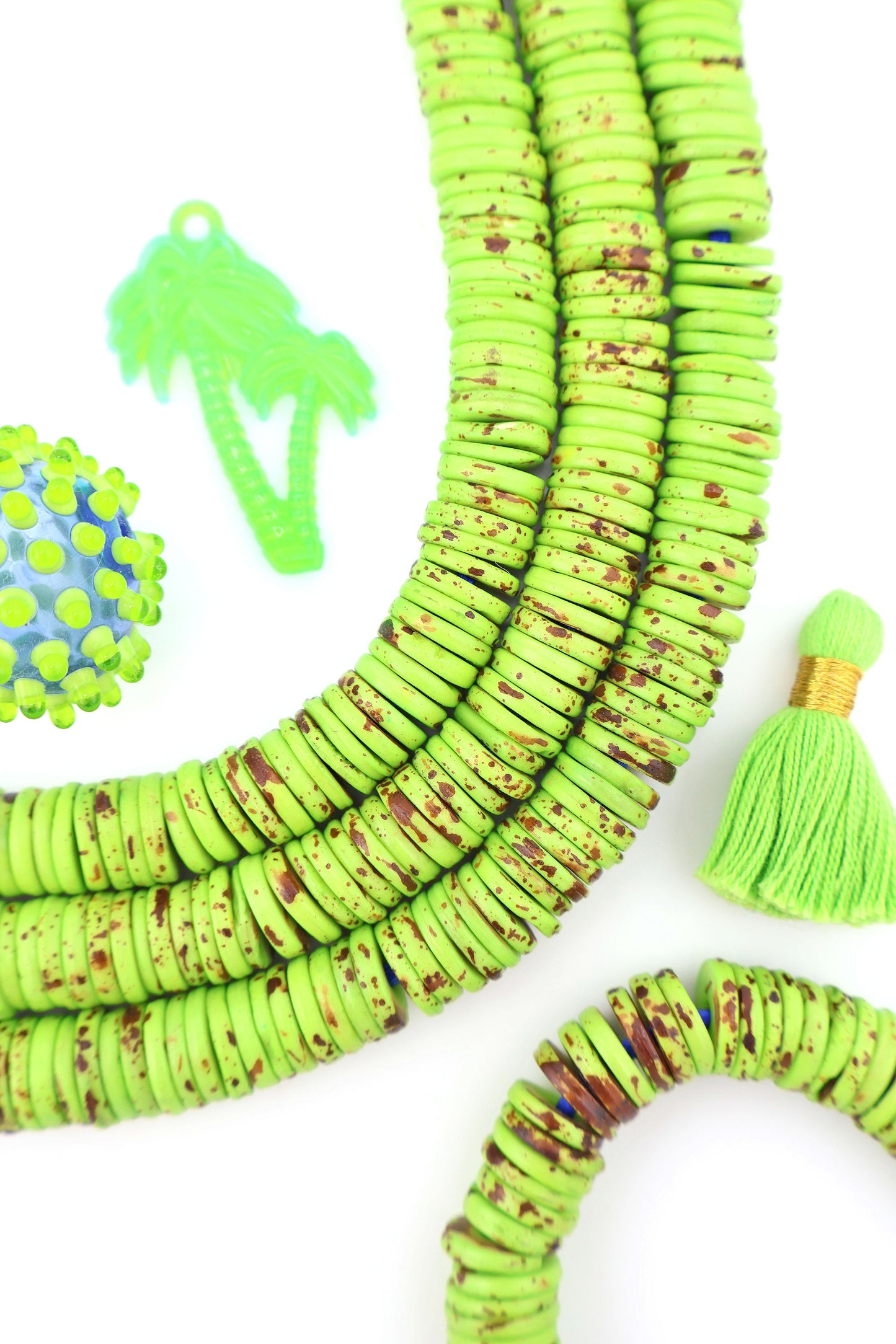12mm Heishi Lime Green Speckled Bone Beads: Disc Spacers, 90 beads