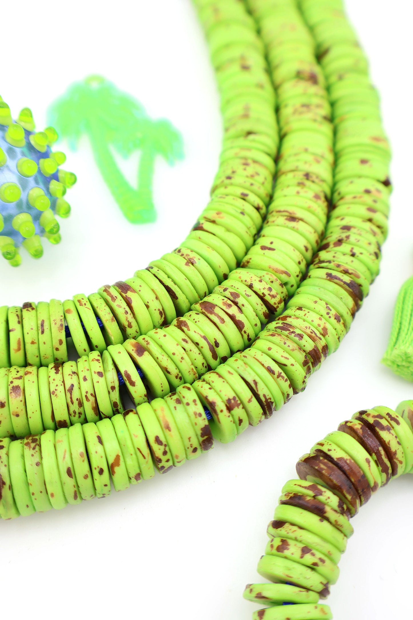 12mm Heishi Lime Green Speckled Bone Beads: Disc Spacers, 90 beads