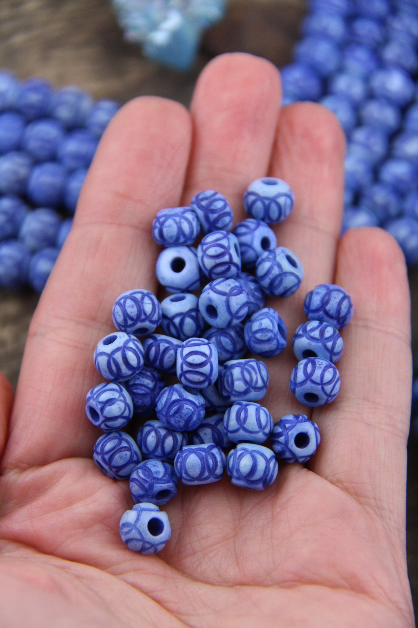 Blue Handmade Carved Rondelle Bone Beads, 8x7mm Spacer Beads