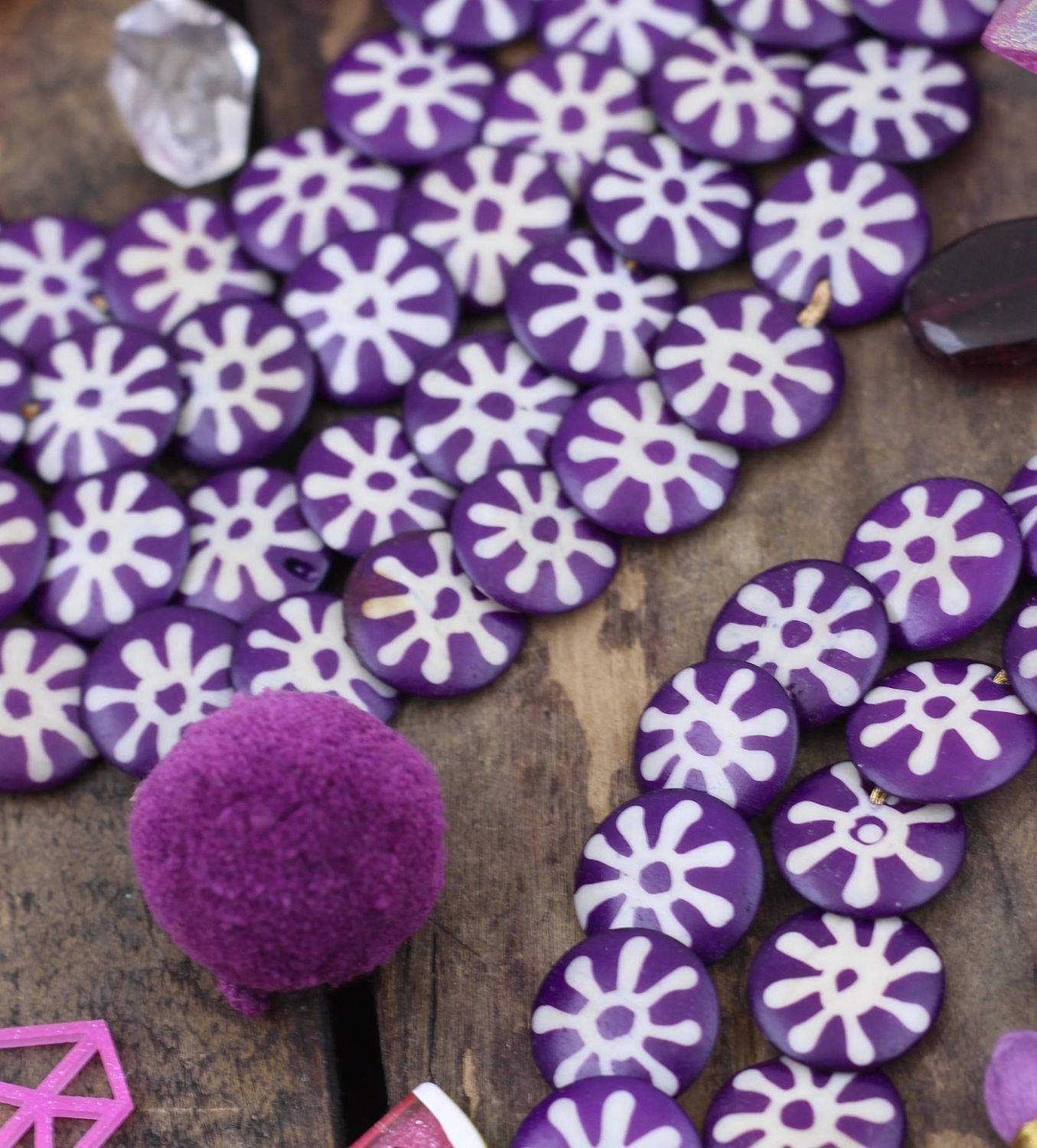 Cascading Sunburst Coin: Purple & White Painted Step Bone Beads, 16mm Charms