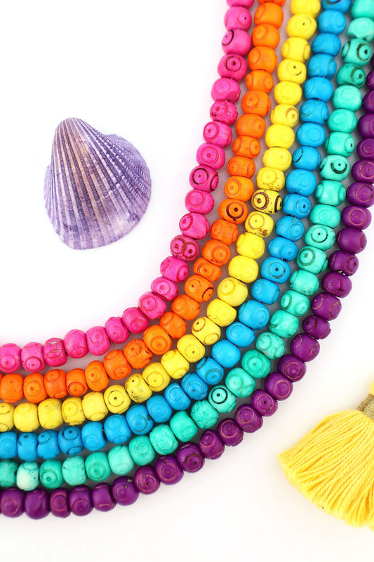 Bead Bundle: 7mm Rondelle Handmade Bone Beads, Carved Target, Bright Rainbow, 6 Strands