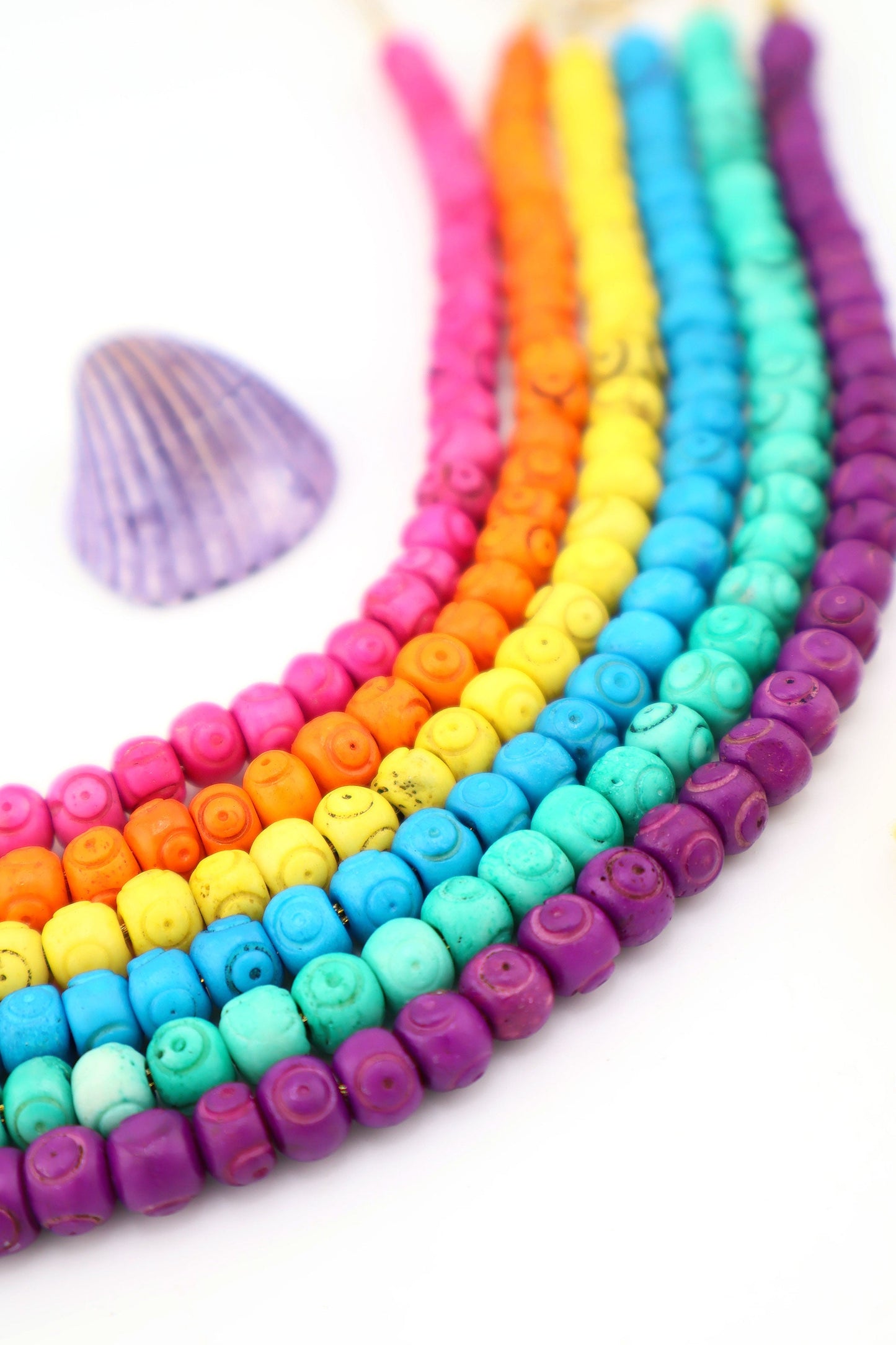 Bead Bundle: 7mm Rondelle Handmade Bone Beads, Carved Target, Bright Rainbow, 6 Strands
