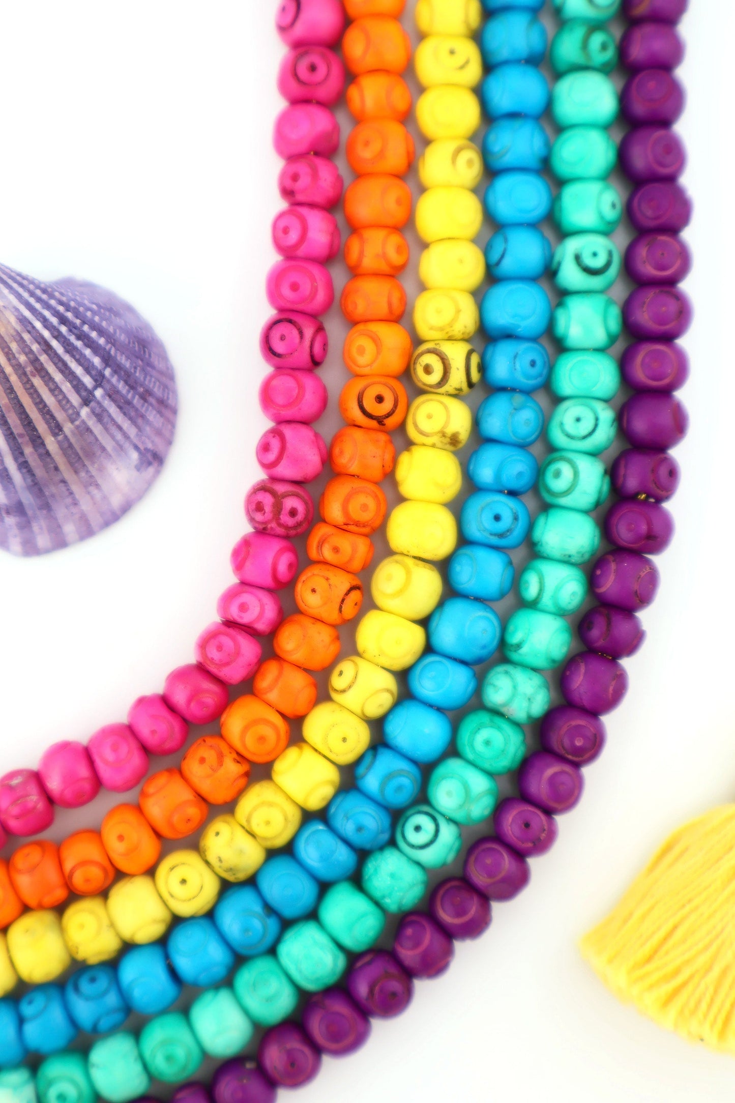 Bead Bundle: 7mm Rondelle Handmade Bone Beads, Carved Target, Bright Rainbow, 6 Strands