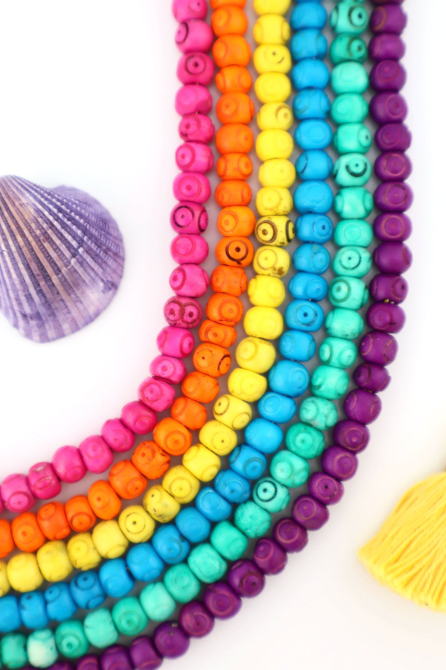 Bead Bundle: 7mm Rondelle Handmade Bone Beads, Carved Target, Bright Rainbow, 6 Strands