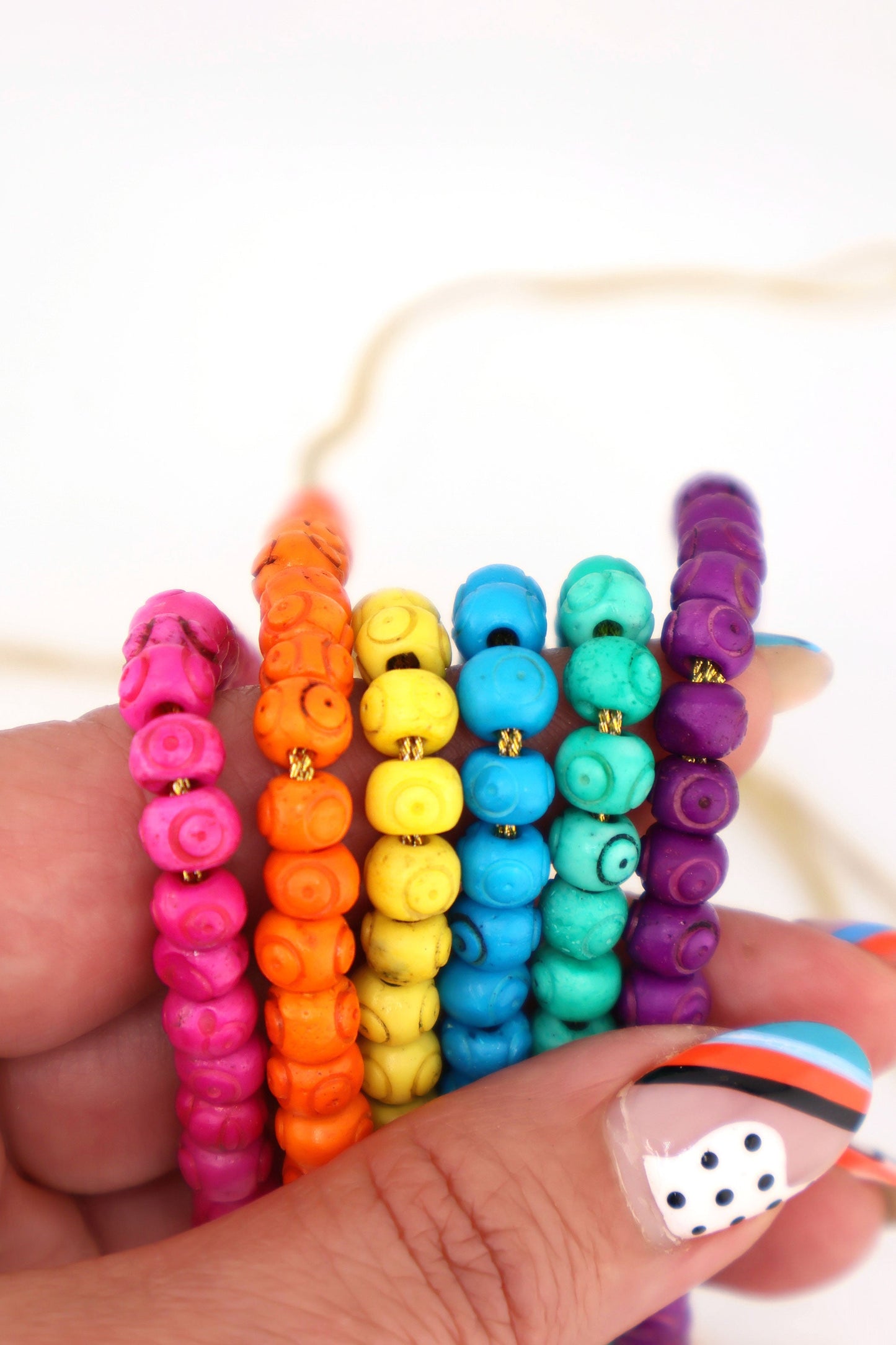 Bead Bundle: 7mm Rondelle Handmade Bone Beads, Carved Target, Bright Rainbow, 6 Strands