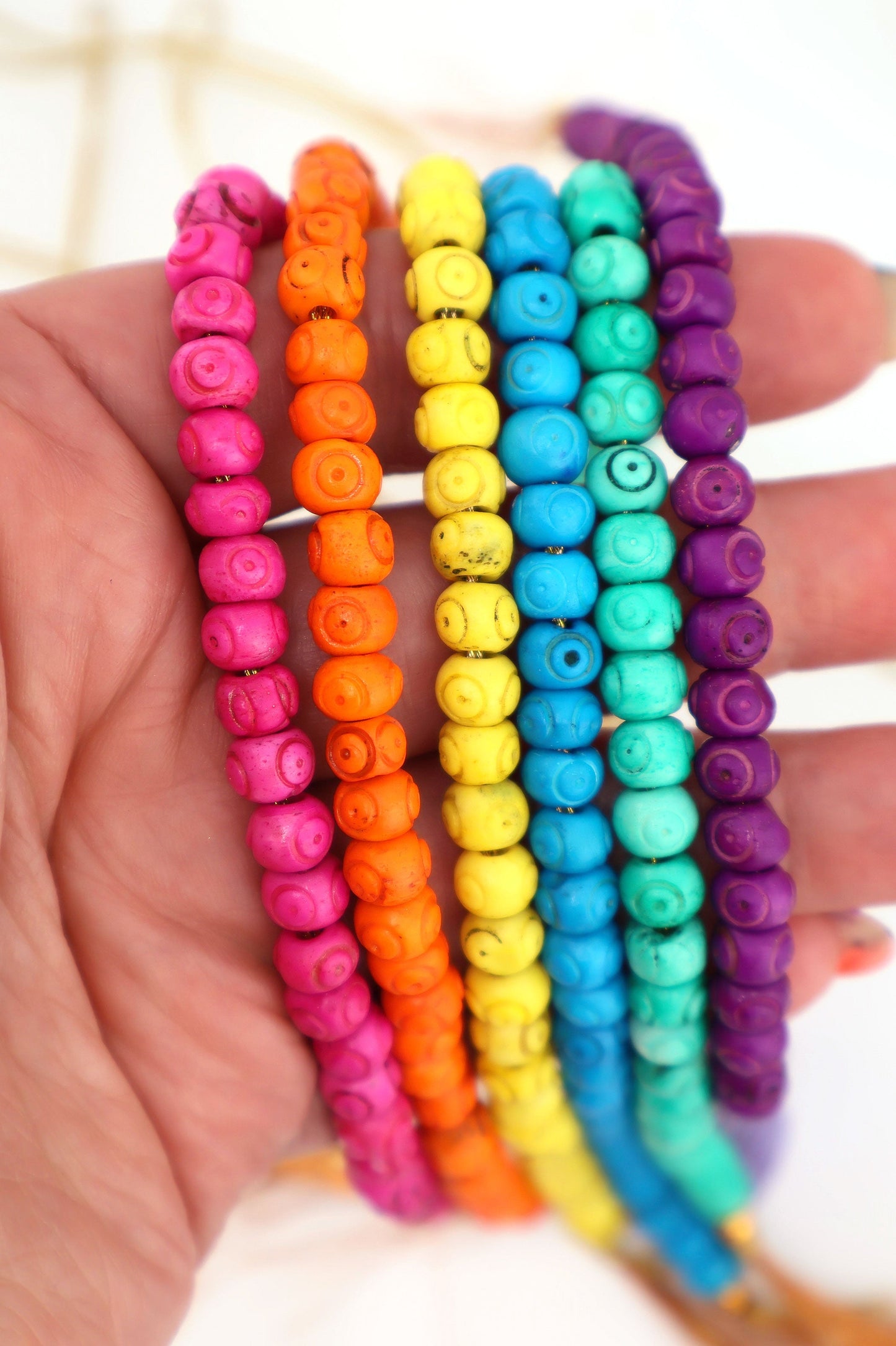 Bead Bundle: 7mm Rondelle Handmade Bone Beads, Carved Target, Bright Rainbow, 6 Strands