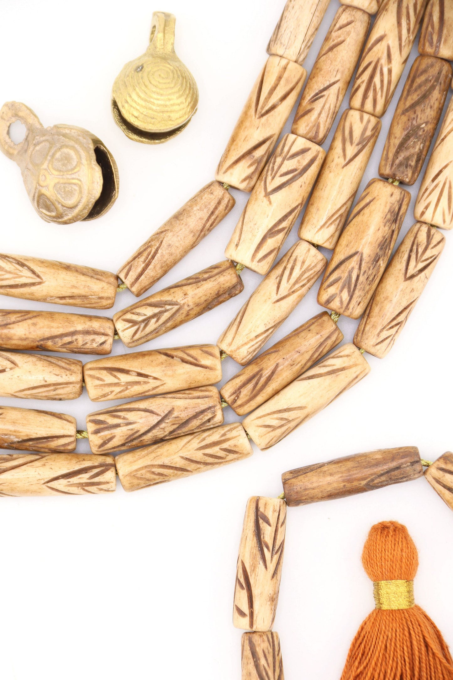 Carved Feather Pattern Tan Tube Bone Beads: 8x24mm, 10 Beads