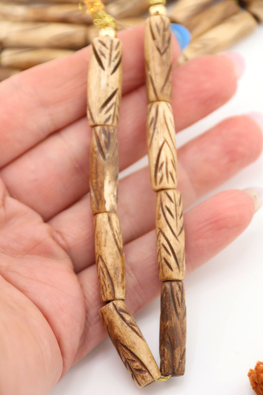 Carved Feather Pattern Tan Tube Bone Beads: 8x24mm, 10 Beads