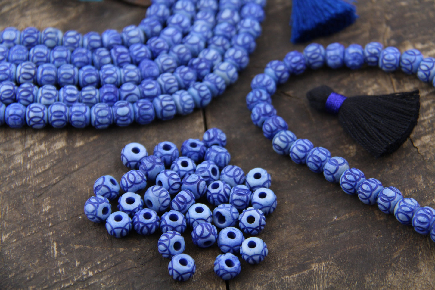 Blue Handmade Carved Rondelle Bone Beads, 8x7mm Spacer Beads