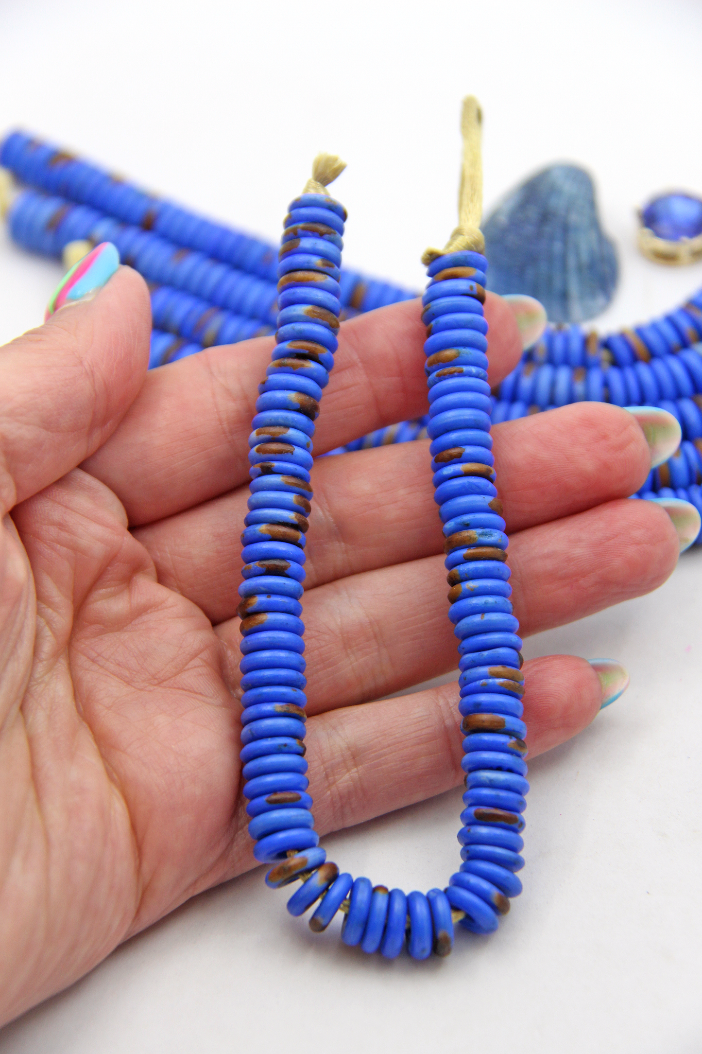9mm Heishi Blue Speckled Bone Beads: Disc Spacers, 85 beads