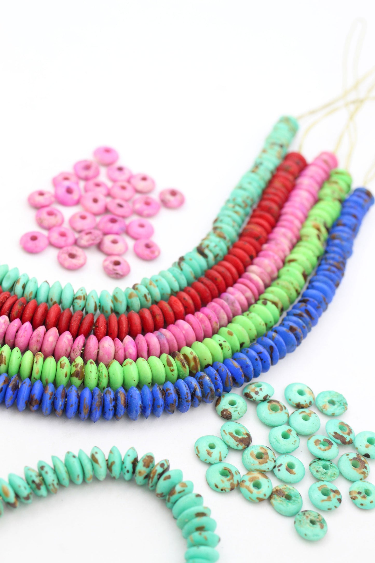 Bead Bundle: Handmade Saucer Disc Spacer Bone Beads, 9x3mm, 5 Strands & Colors, 300+ Beads