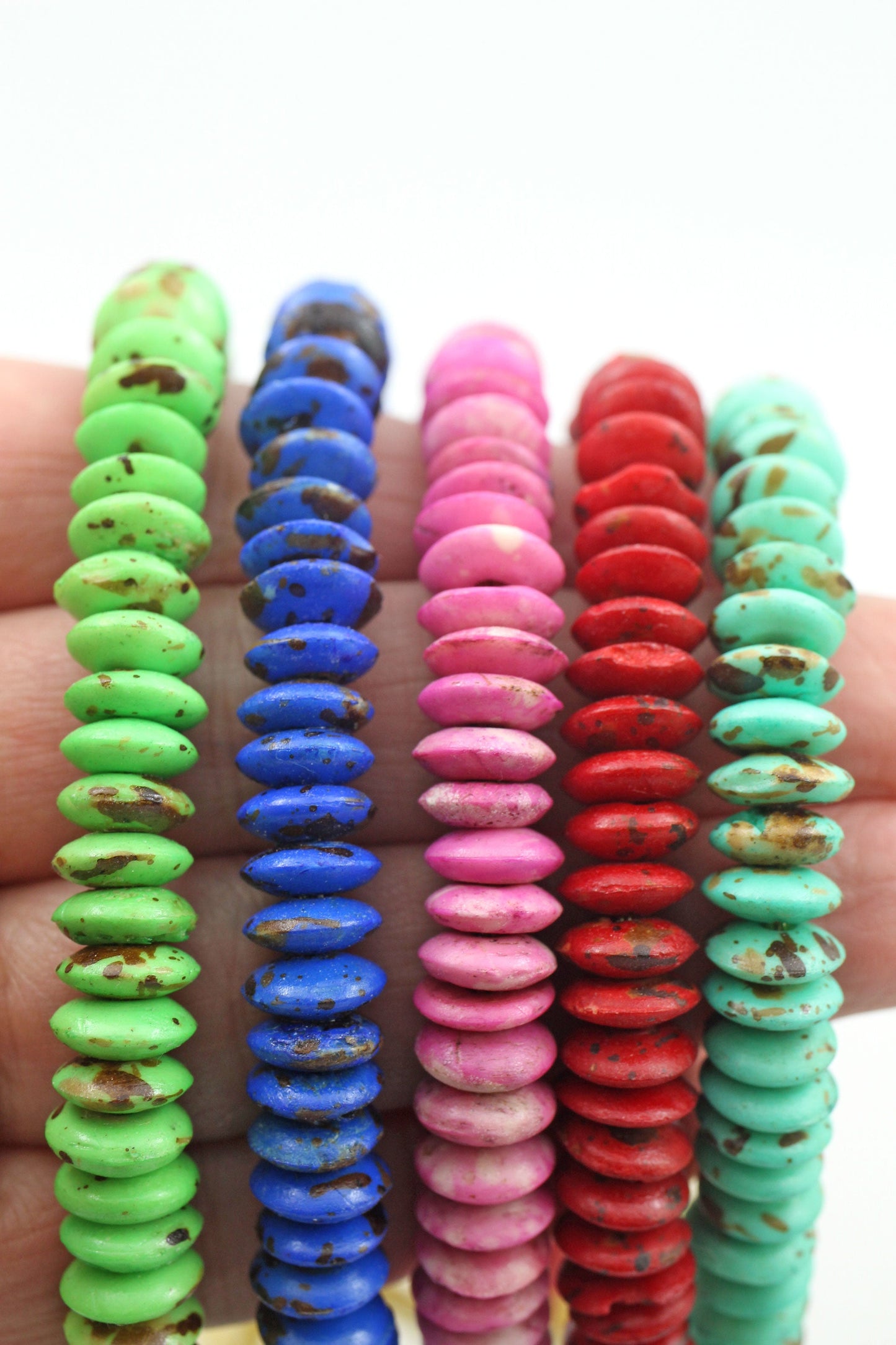 Bead Bundle: Handmade Saucer Disc Spacer Bone Beads, 9x3mm, 5 Strands & Colors, 300+ Beads
