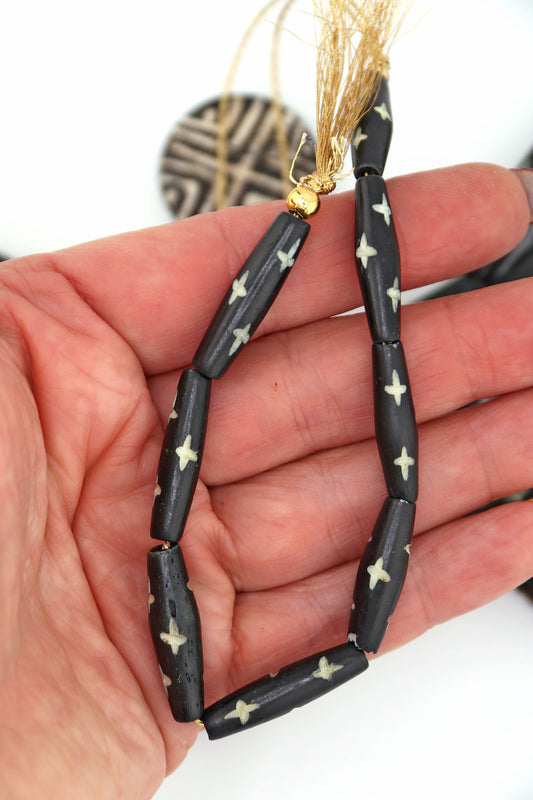 Black Bicone Tube with Carved Star Bone Beads: 8x25mm, 8 beads
