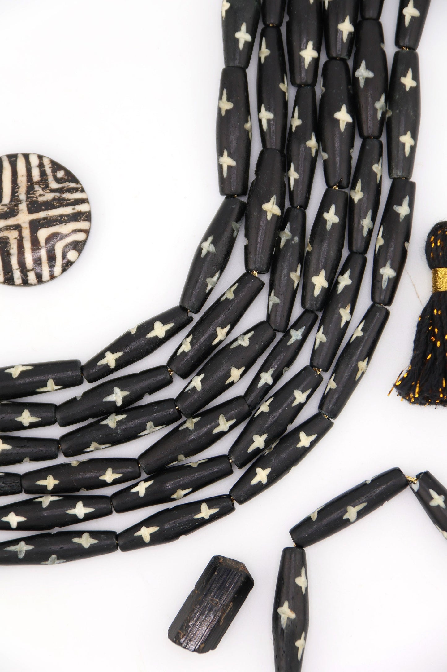 Black Bicone Tube with Carved Star Bone Beads: 8x25mm, 8 beads