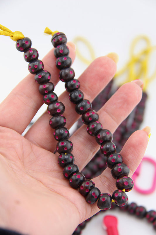 Black Rondelle w/ Hand Carved Magenta Pink Dots: Handmade Bone Beads, 10x7mm