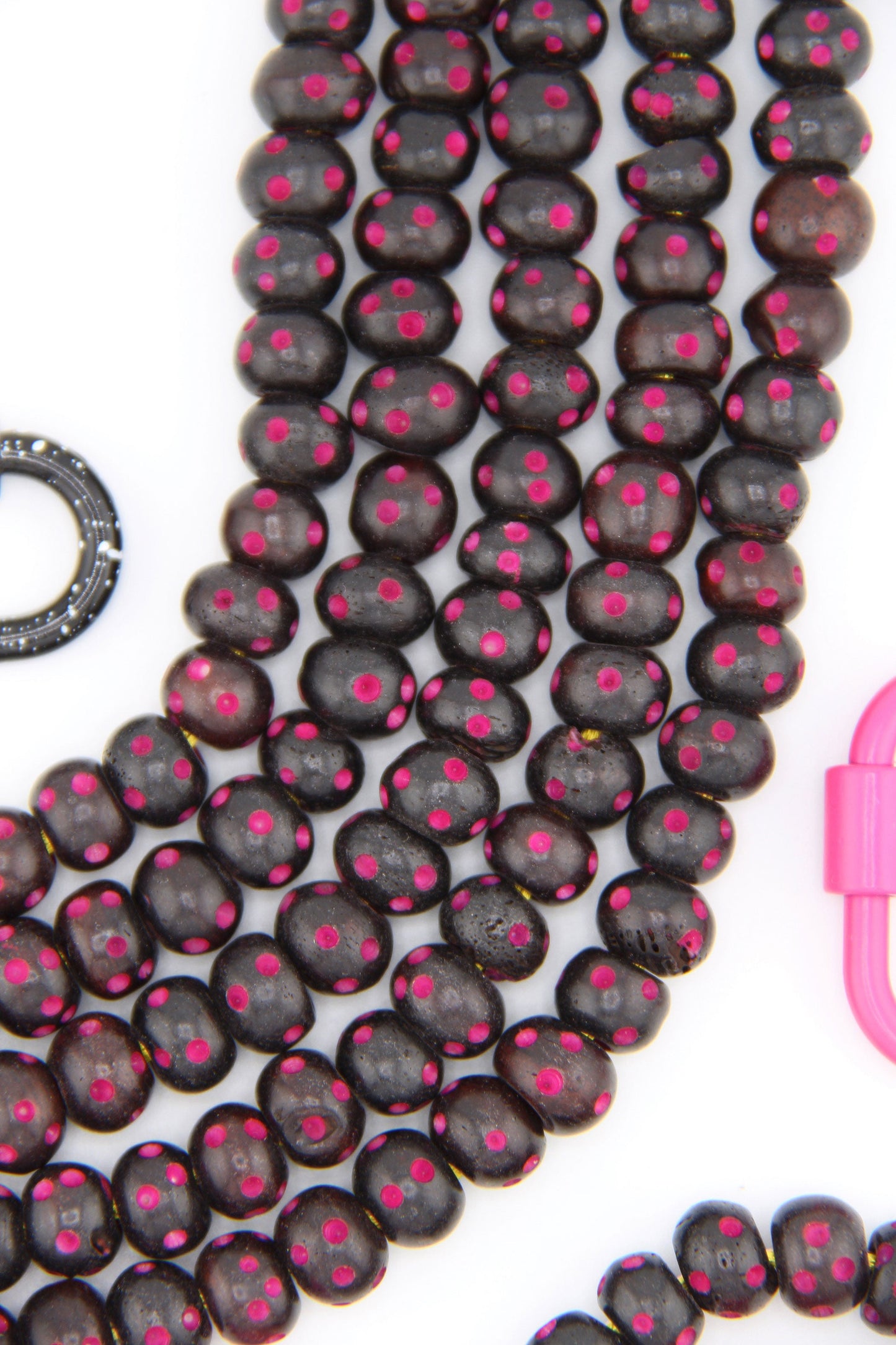 Black Rondelle w/ Hand Carved Magenta Pink Dots: Handmade Bone Beads, 10x7mm