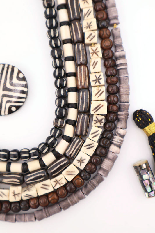 Bead Bundle: Handmade Bone Beads, Black, White, Grey, 6 Strands, Assorted Shapes & Sizes