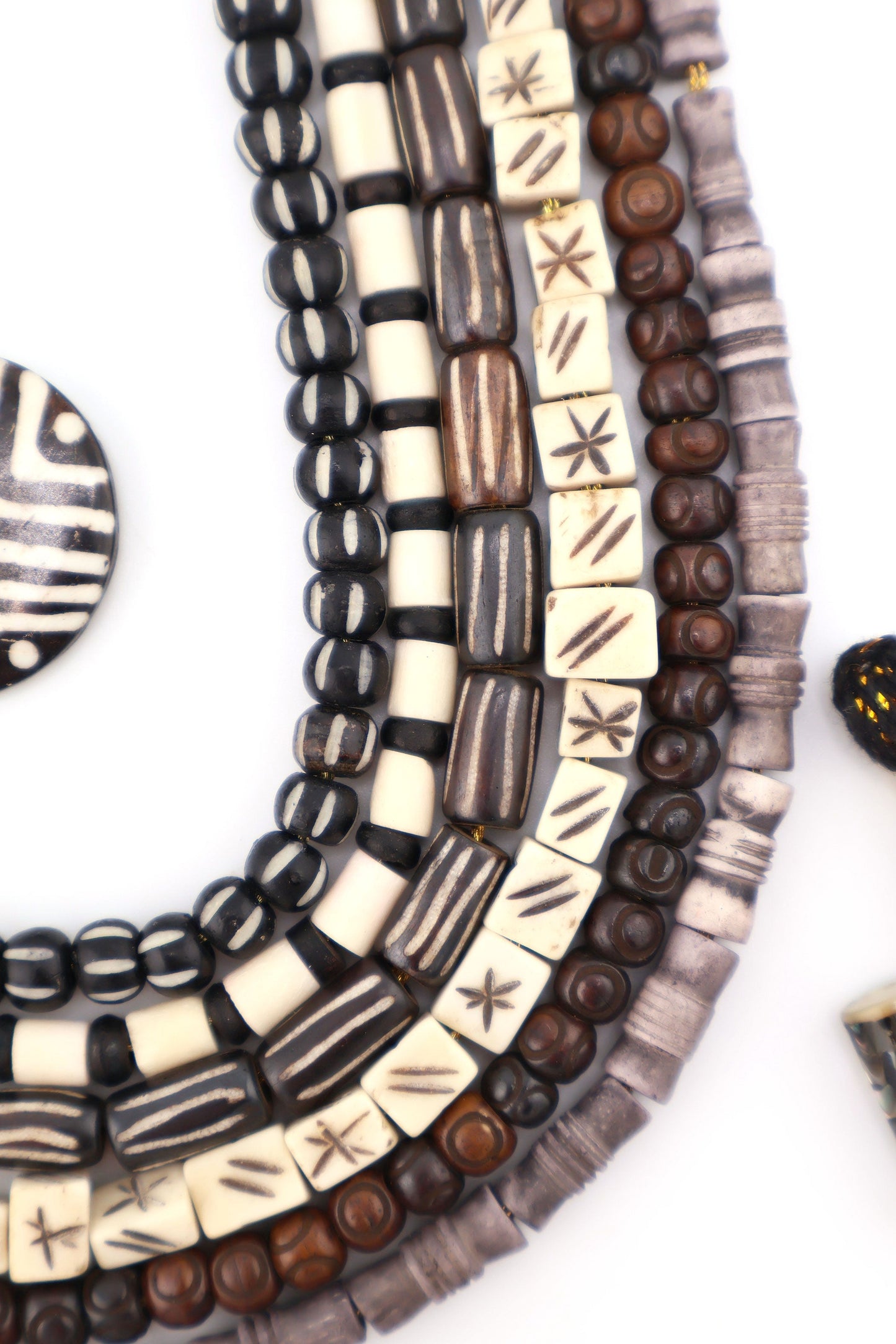 Bead Bundle: Handmade Bone Beads, Black, White, Grey, 6 Strands, Assorted Shapes & Sizes