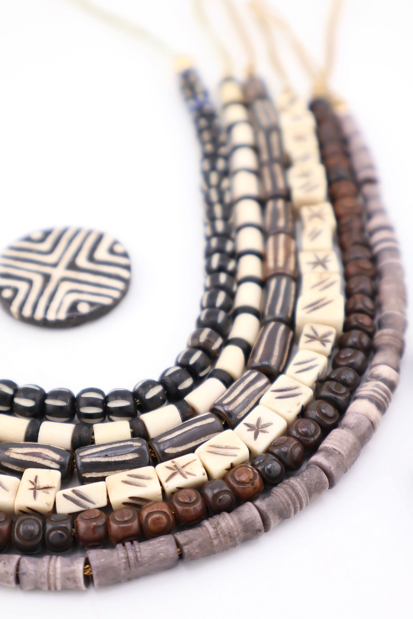 Bead Bundle: Handmade Bone Beads, Black, White, Grey, 6 Strands, Assorted Shapes & Sizes