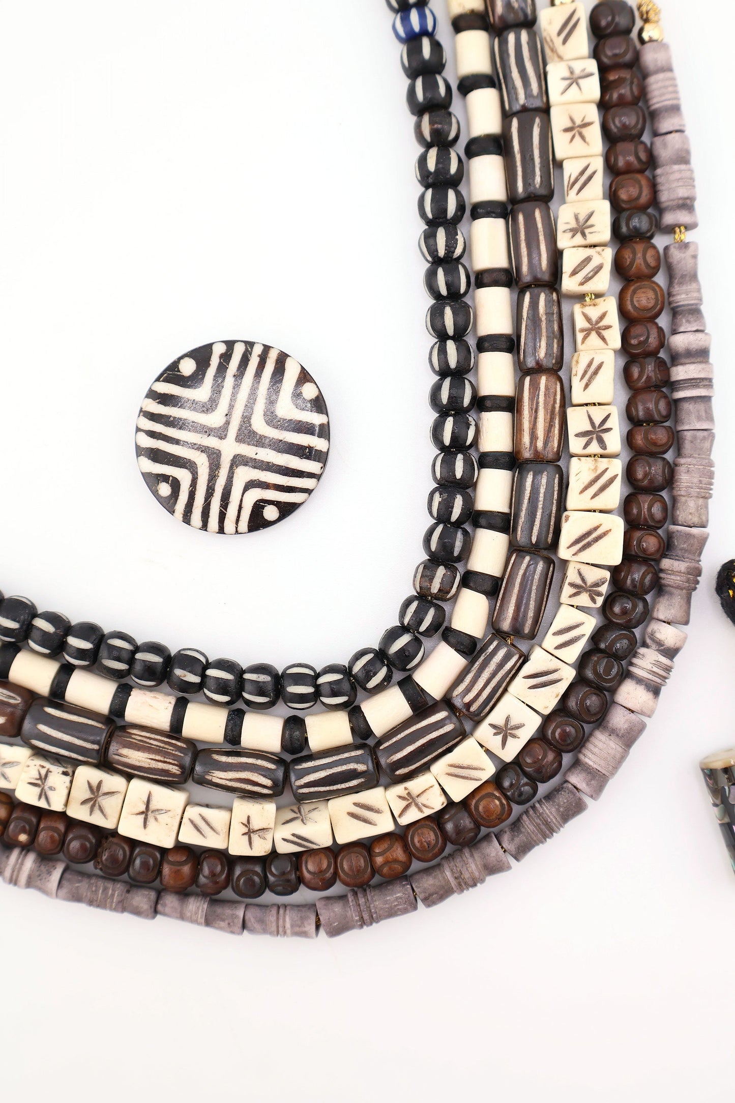 Bead Bundle: Handmade Bone Beads, Black, White, Grey, 6 Strands, Assorted Shapes & Sizes