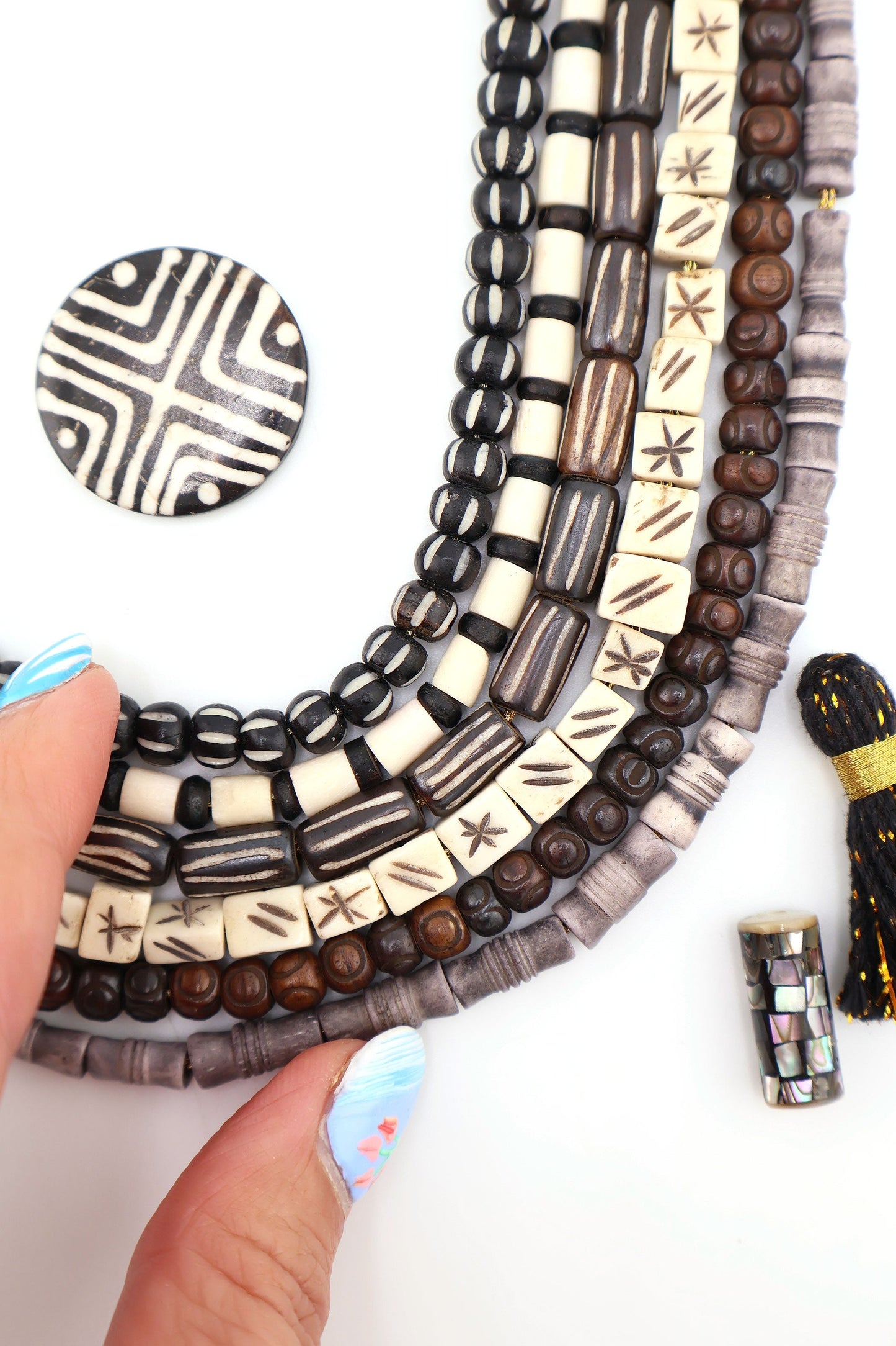 Bead Bundle: Handmade Bone Beads, Black, White, Grey, 6 Strands, Assorted Shapes & Sizes
