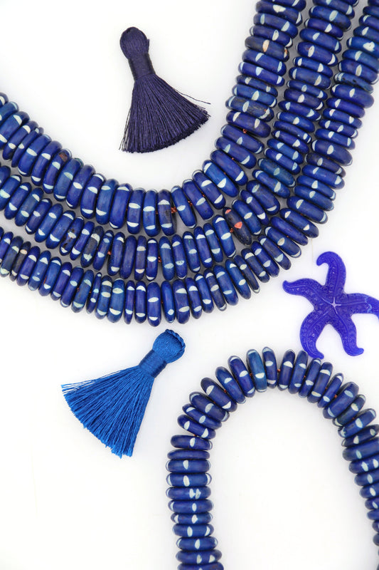 15mm Nautical Blue & White Striped Bone Beads: Disc Spacers, 55 beads