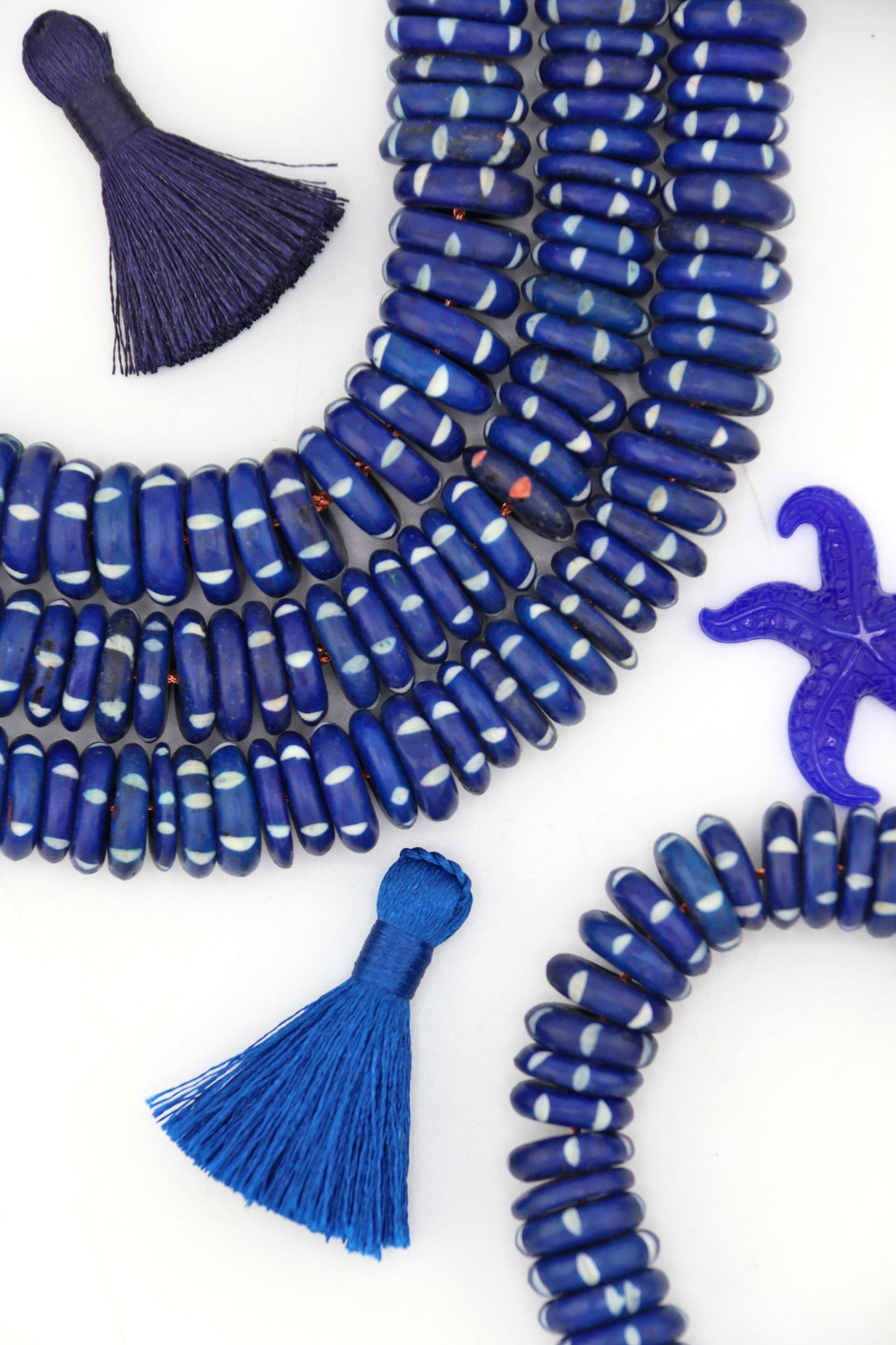 15mm Nautical Blue & White Striped Bone Beads: Disc Spacers, 55 beads