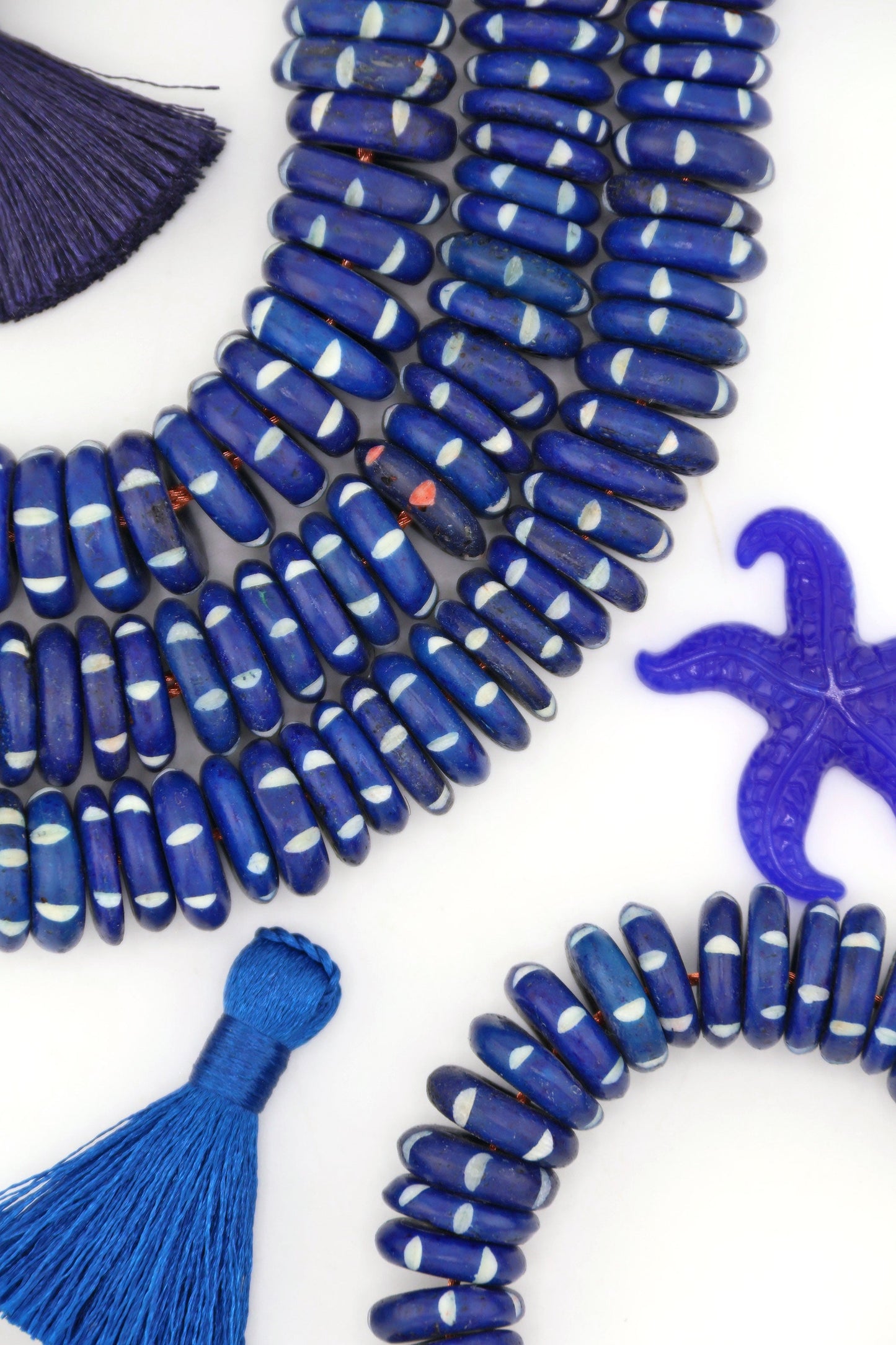 15mm Nautical Blue & White Striped Bone Beads: Disc Spacers, 55 beads