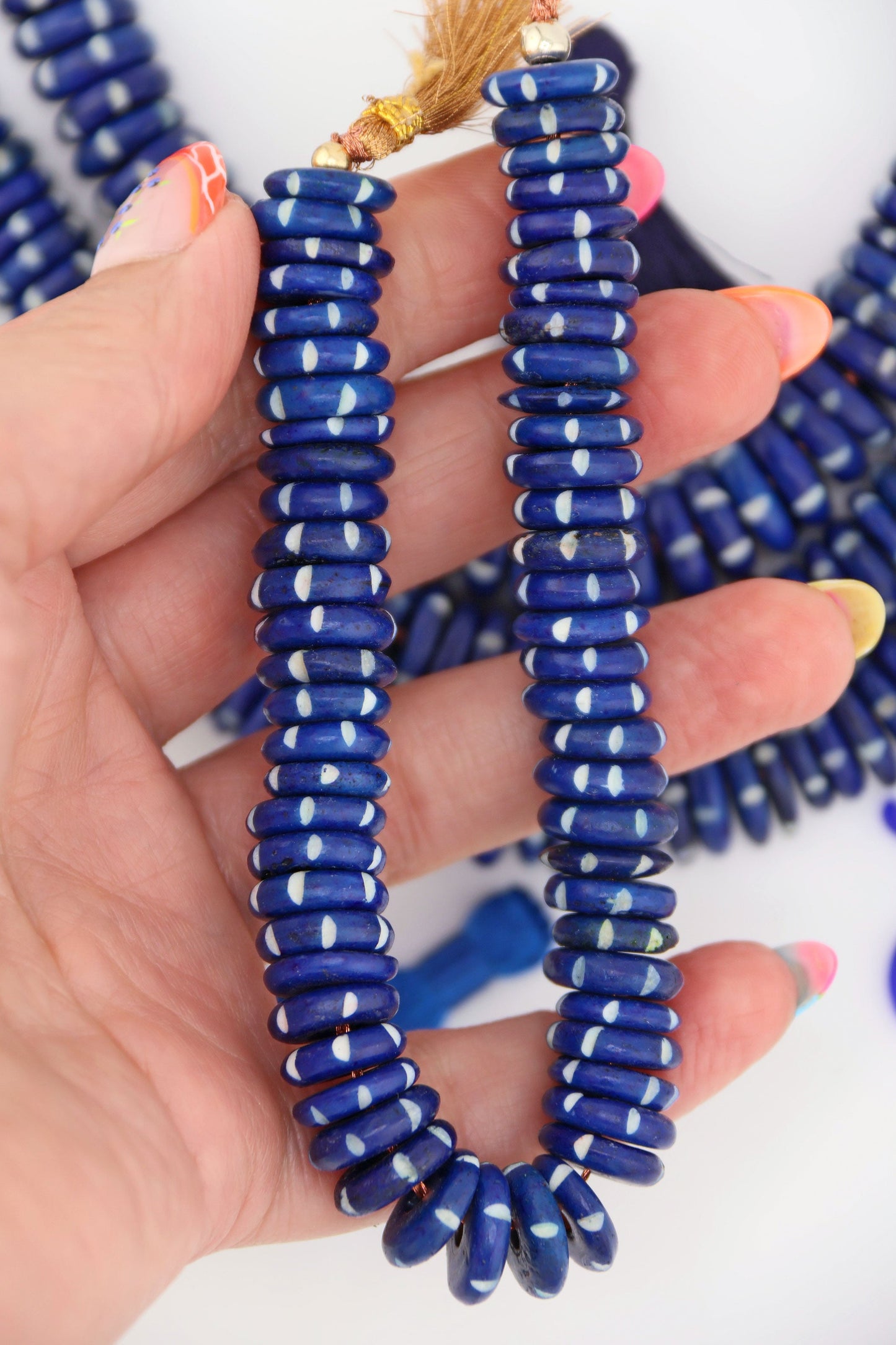 15mm Nautical Blue & White Striped Bone Beads: Disc Spacers, 55 beads