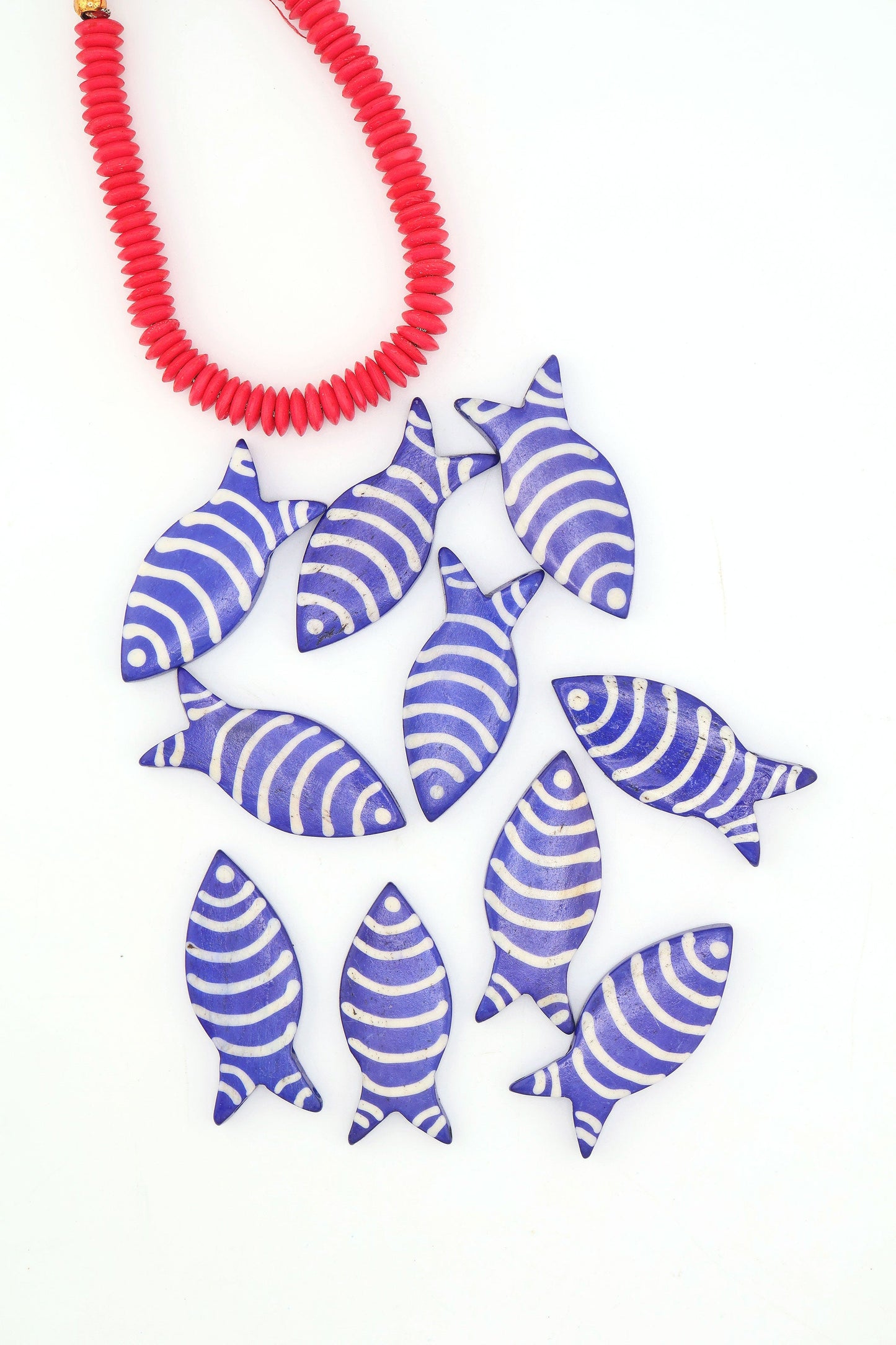 Blue & White Striped Fish Pendant: Hand Carved Bone, 1.75", 3 Charms