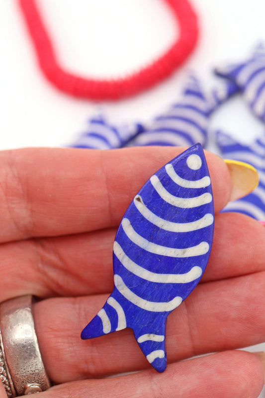 Blue & White Striped Fish Pendant: Hand Carved Bone, 1.75", 3 Charms