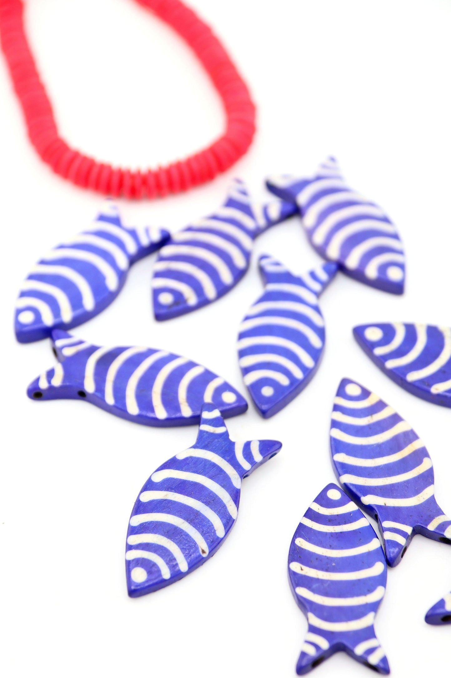 Blue & White Striped Fish Pendant: Hand Carved Bone, 1.75", 3 Charms