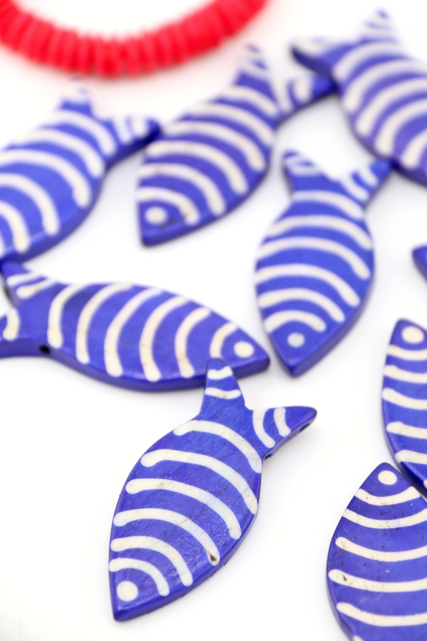 Blue & White Striped Fish Pendant: Hand Carved Bone, 1.75", 3 Charms