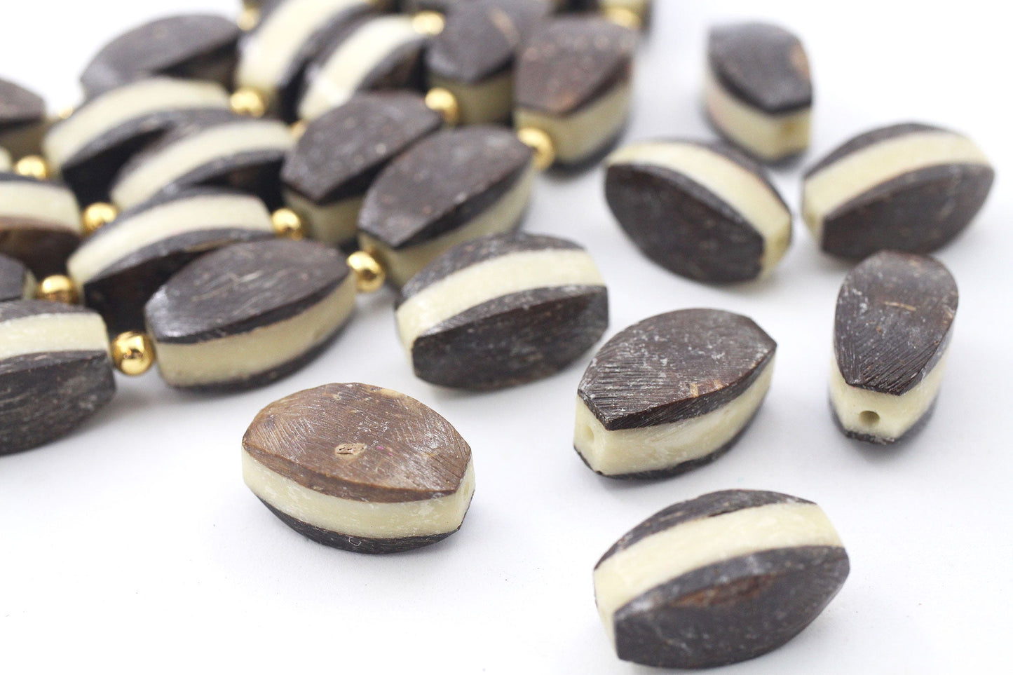Bone Beads: Brown & Cream Layered Laminated Spacers, 11x21mm, 8 beads