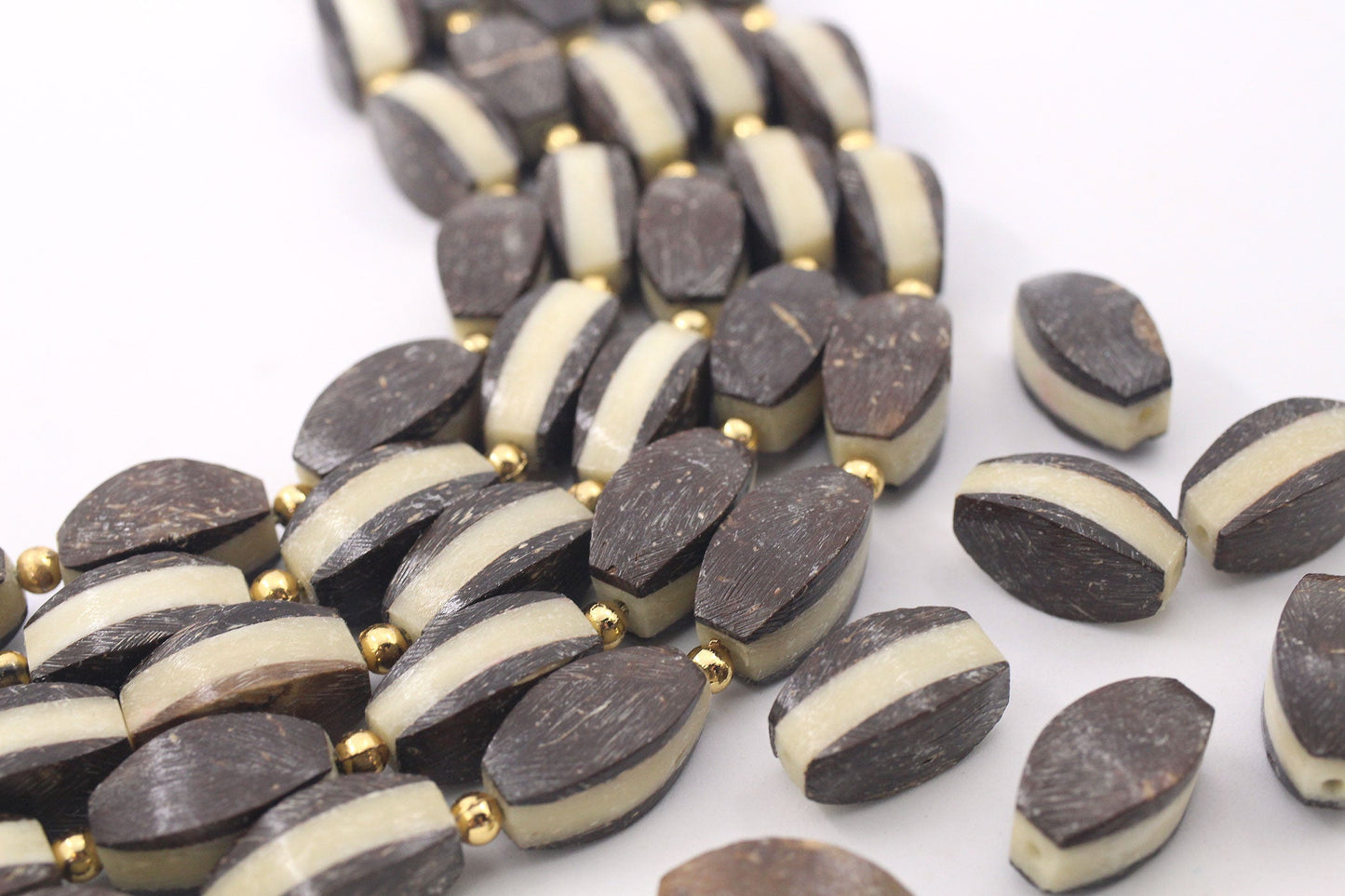 Bone Beads: Brown & Cream Layered Laminated Spacers, 11x21mm, 8 beads