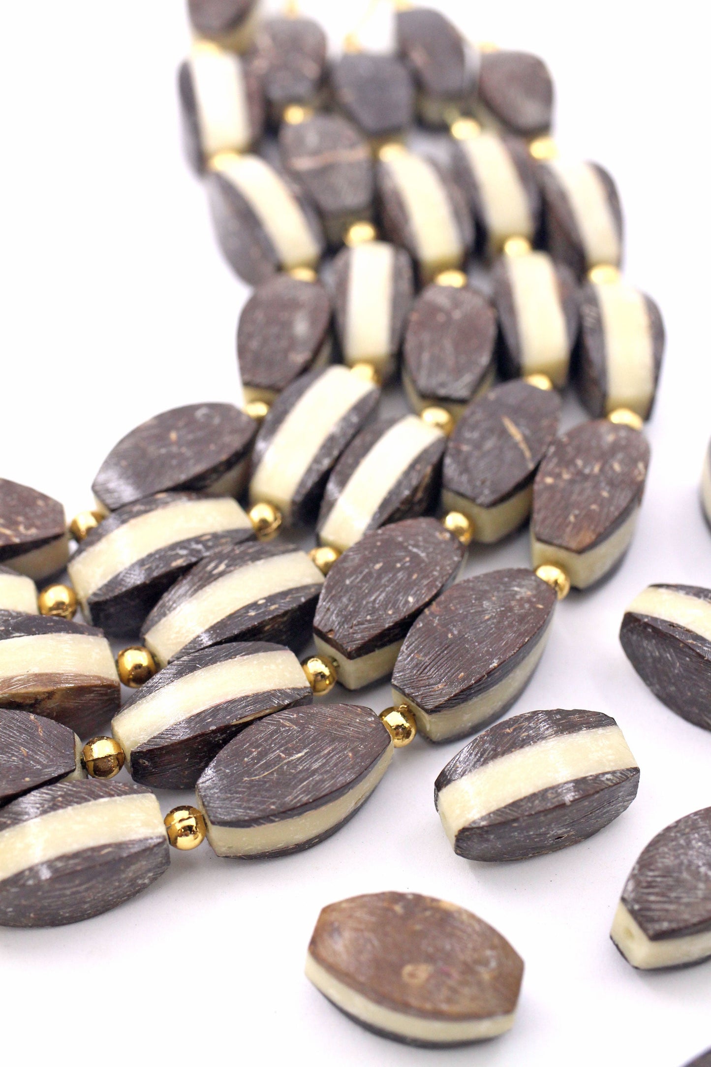 Bone Beads: Brown & Cream Layered Laminated Spacers, 11x21mm, 8 beads