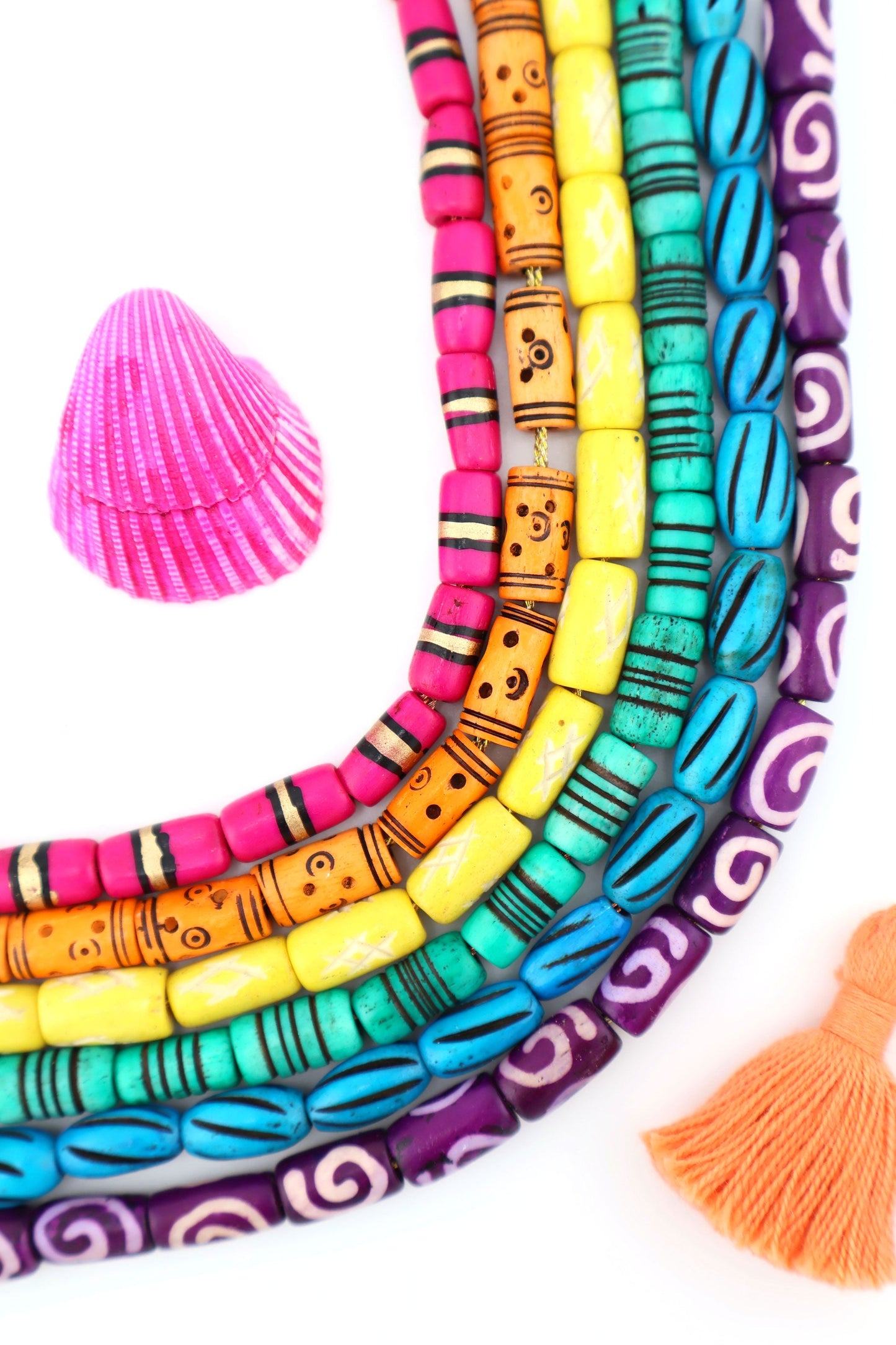 Bead Bundle: 7mm Assorted Tube Handmade Bone Beads, Bright Rainbow, 6 Strands