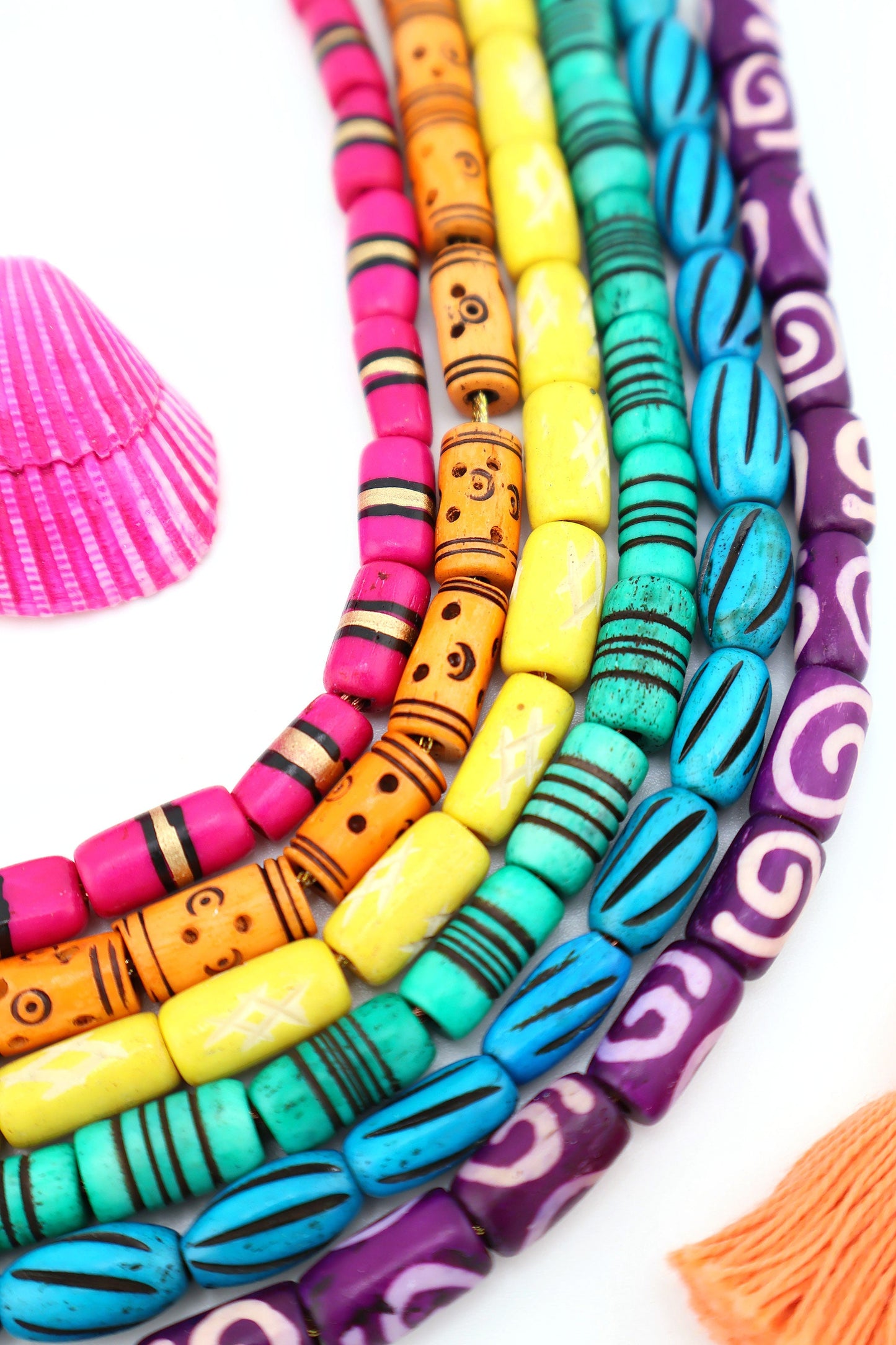 Bead Bundle: 7mm Assorted Tube Handmade Bone Beads, Bright Rainbow, 6 Strands