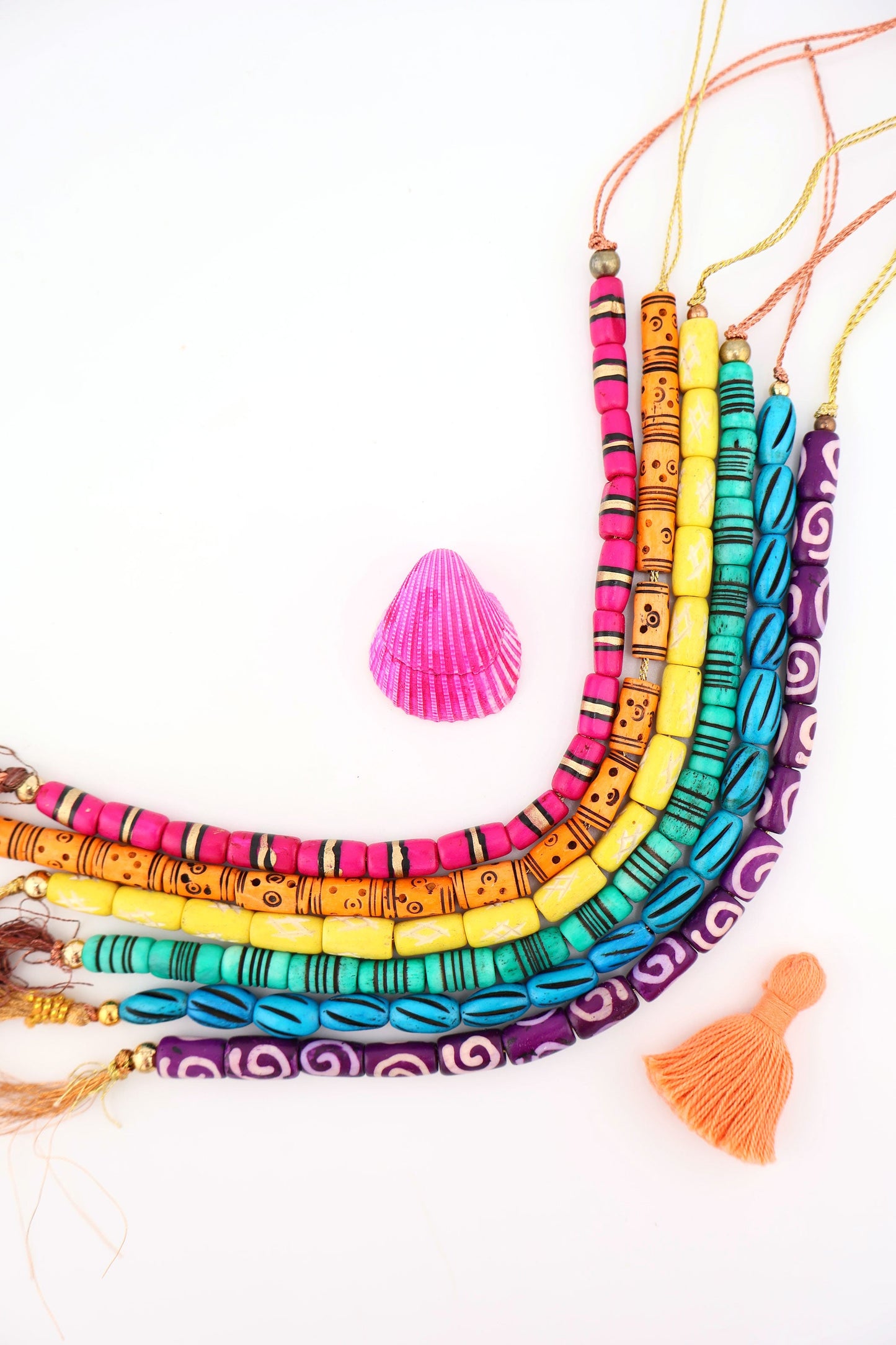 Bead Bundle: 7mm Assorted Tube Handmade Bone Beads, Bright Rainbow, 6 Strands