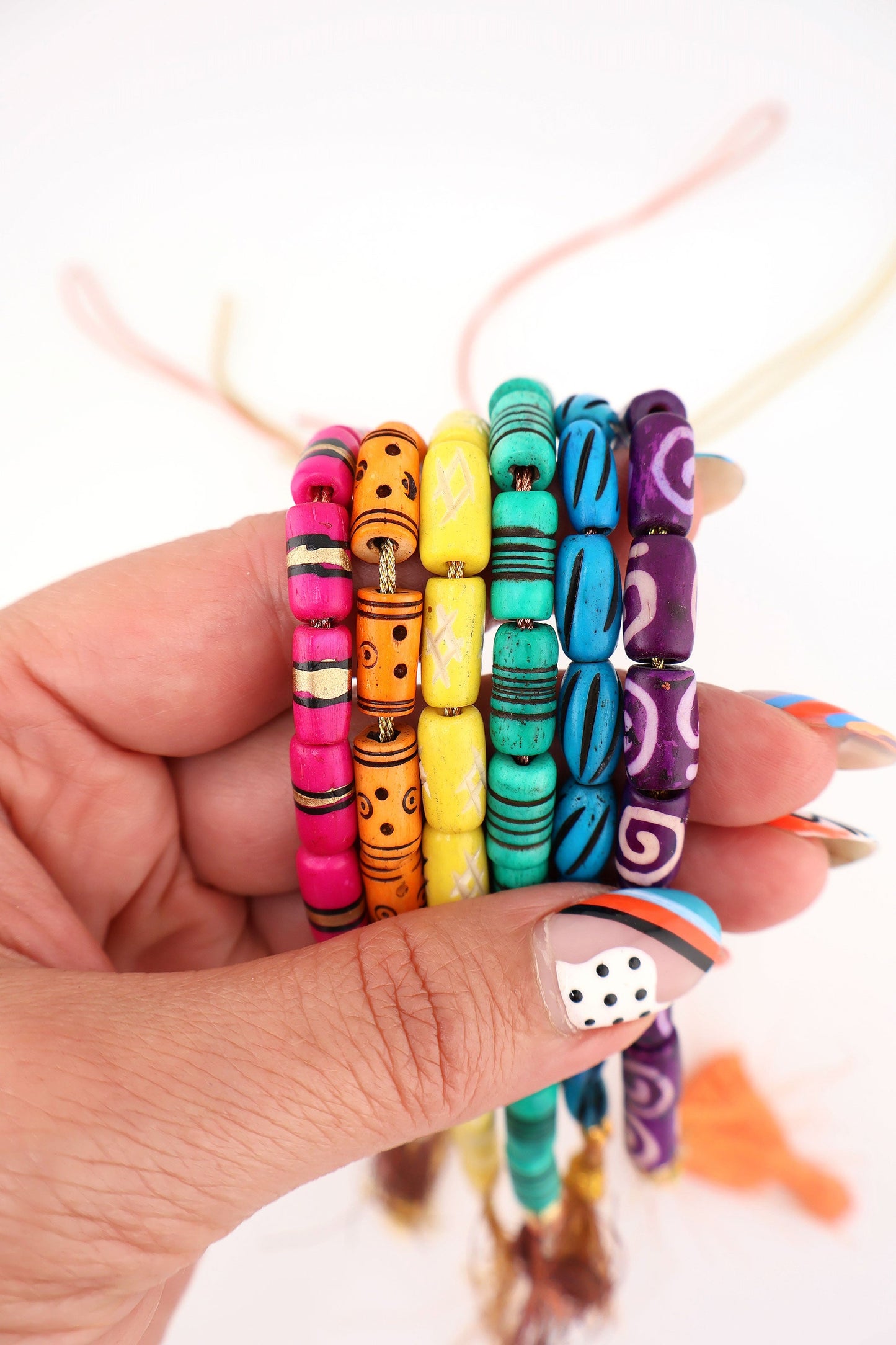 Bead Bundle: 7mm Assorted Tube Handmade Bone Beads, Bright Rainbow, 6 Strands