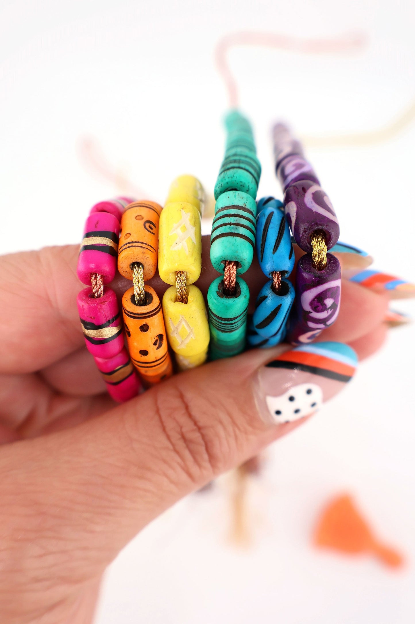 Bead Bundle: 7mm Assorted Tube Handmade Bone Beads, Bright Rainbow, 6 Strands