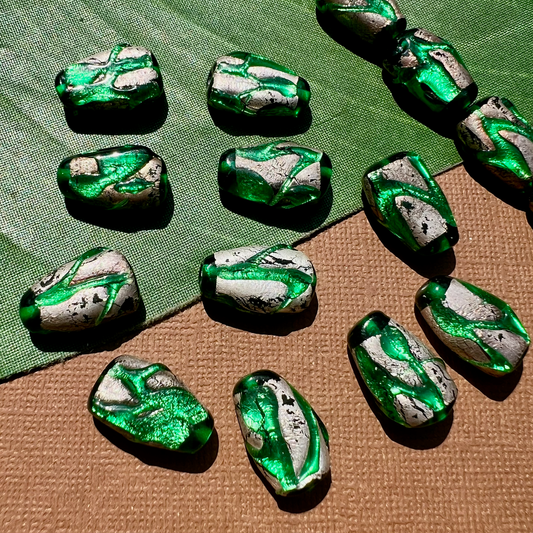 Vintage Green & Silver Foil Beads - 9 Pieces