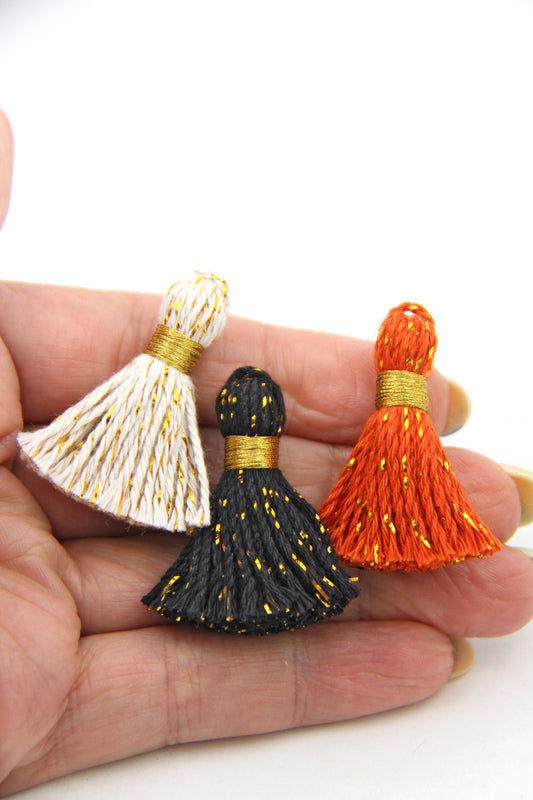Halloween: Cotton & Sparkly Tinsel Tassels, 1.25" Orange & Black Fringe Pendants