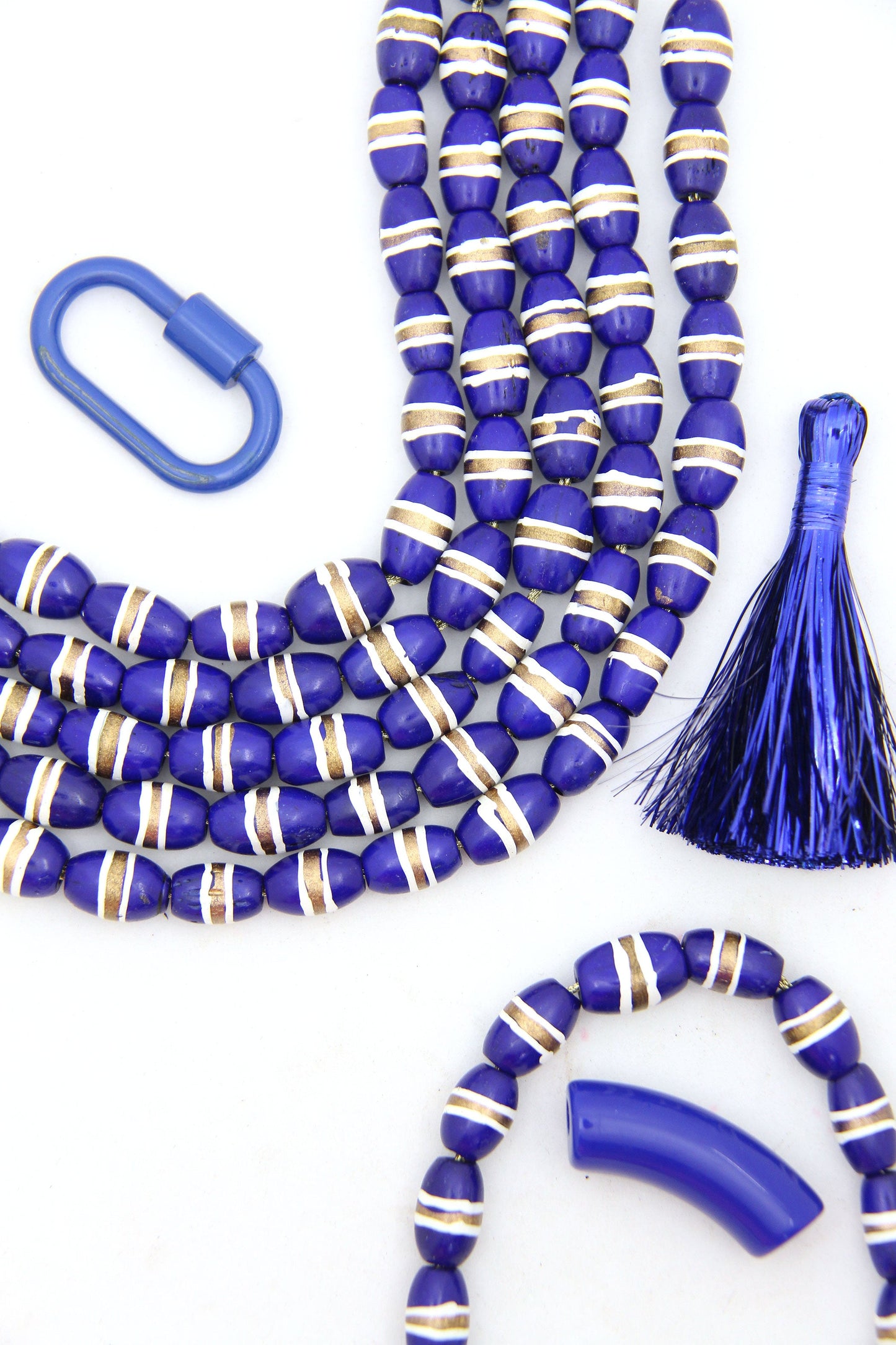 Bone Beads: Navy Barrel Tube Beads w/ White & Gold Stripes, 7x12mm